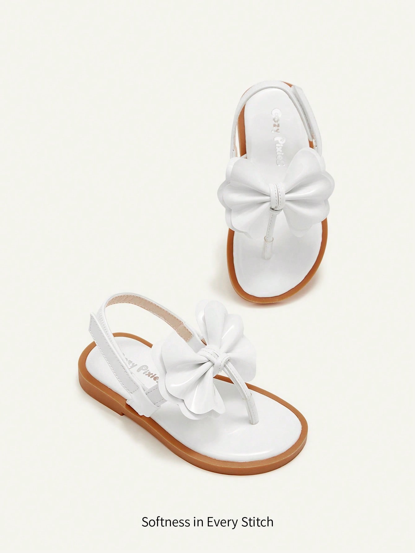 Cozy Pixies A Pair Of Fashionable And Versatile Casual Fun White Bow Flip-Flops Three-Dimensional Princess Style Wedding Mother's Day Vacation Girls Baby Flat Sandals Suitable For Summer