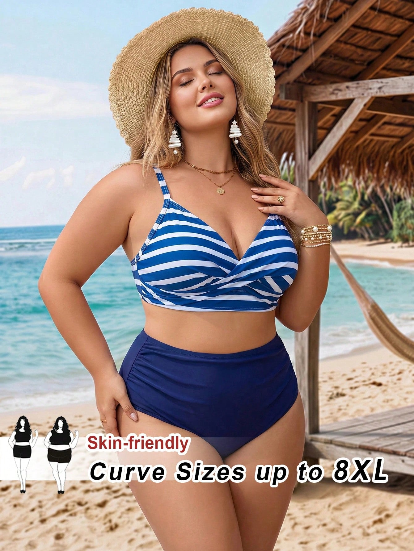 CURVE+ 2026 NEW Plus Size Striped Print Padded Underwire Tankini Top With Solid High Waist Ruched Bottoms, Women Fashion Swimwear Set For Beach & Vacation