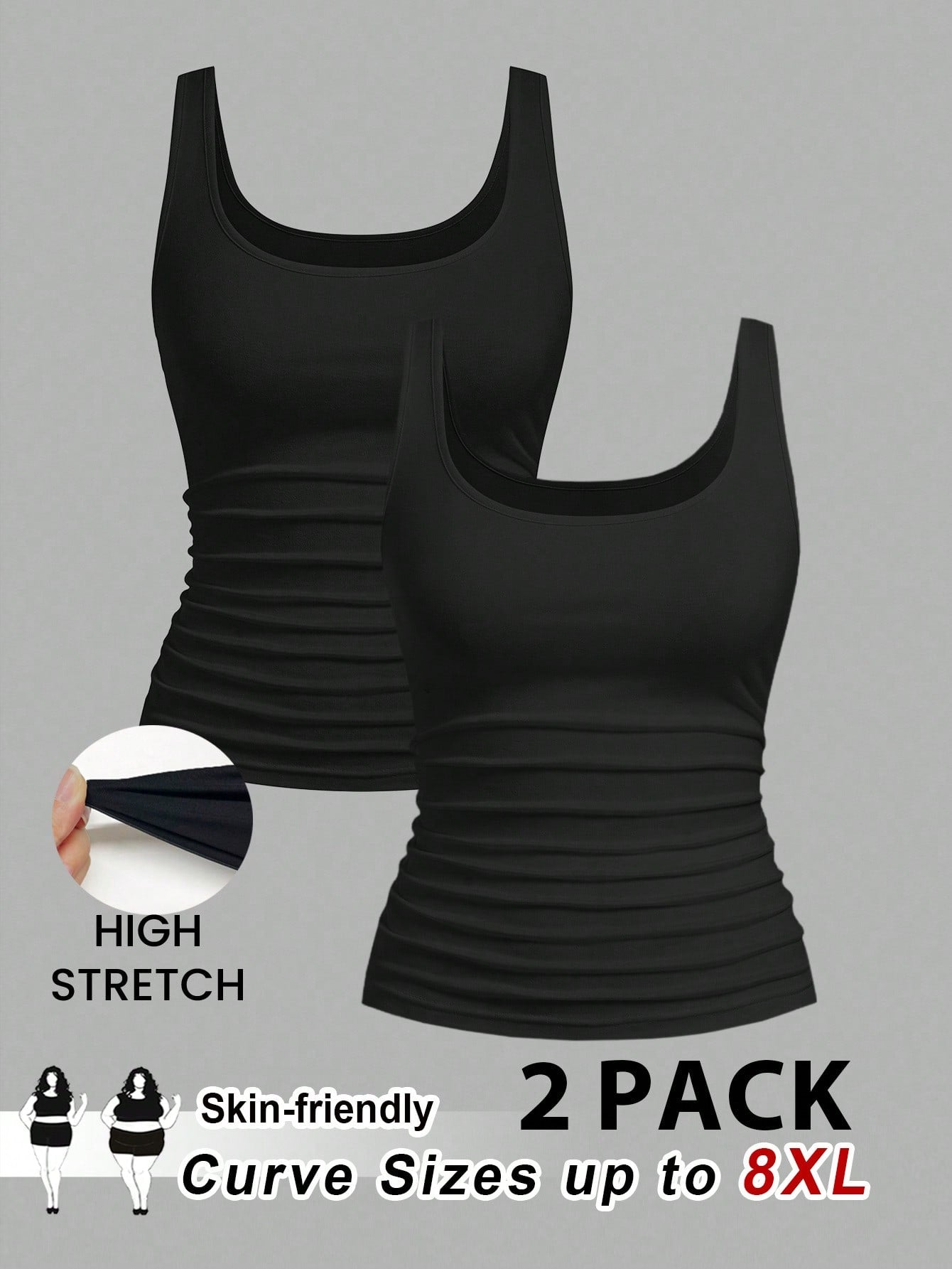 CURVE+ 2pcs/Set Plus Size Women Casual Scoop Neck Ruched Waist Fitted Tank Top Set, Versatile For Daily Wear, Summer Tops