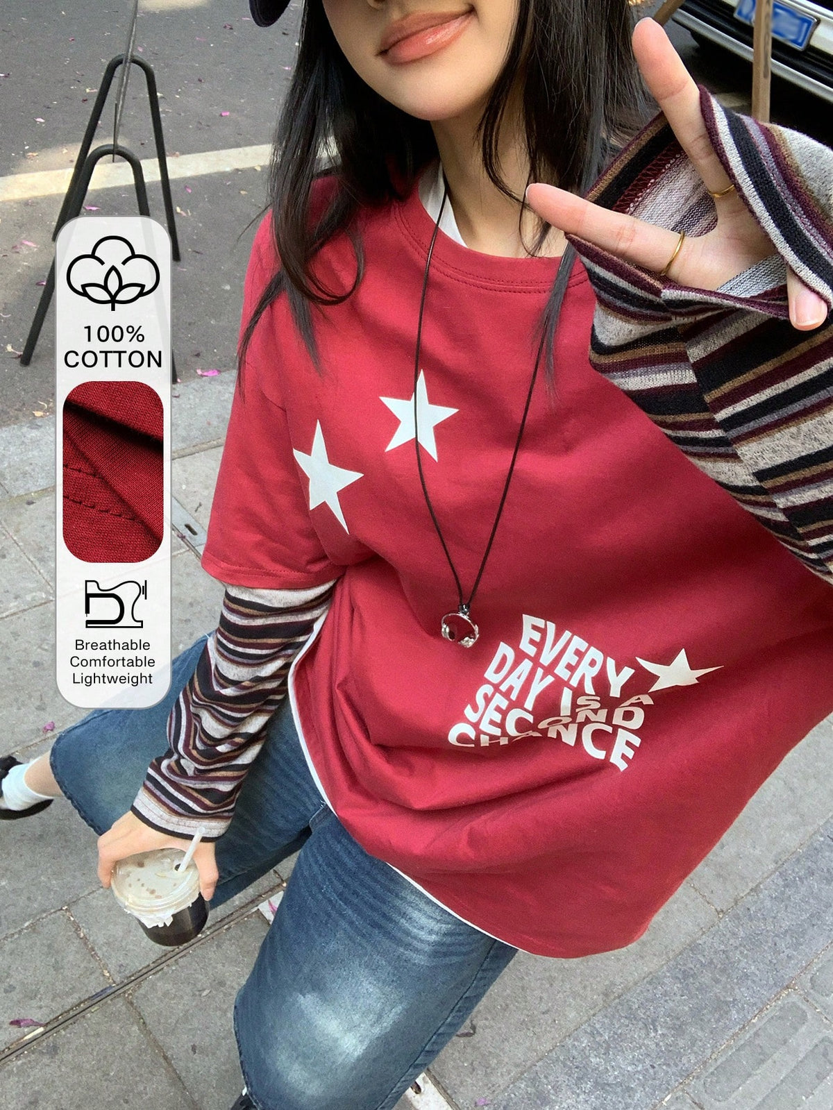 DAZY Women's Round Neck Contrast Stripe Korean Style Print Long Sleeve T-Shirt