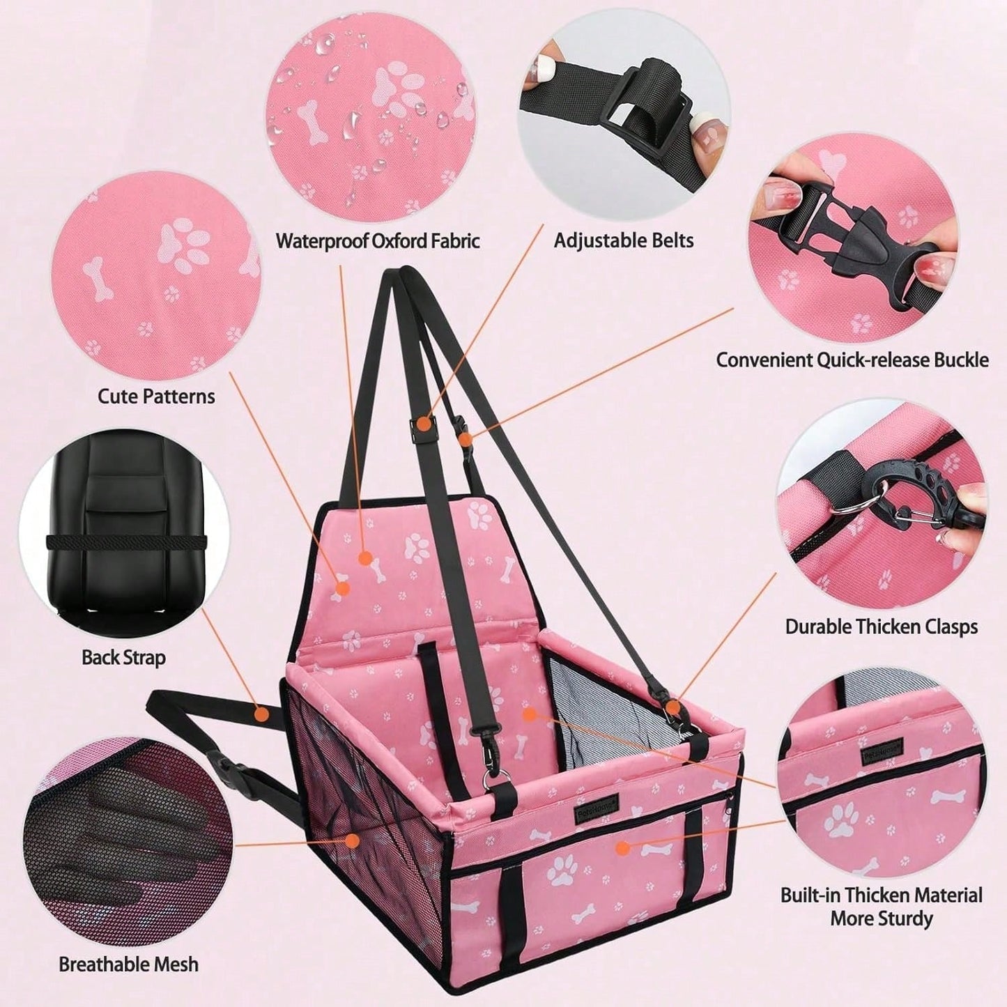 Dog Car Seat Foldable Dog Car Booster Seat Waterproof Breathable Oxford Travel Bag For Small To Medium Dogs, Puppies, And Pets-Pattern Pink