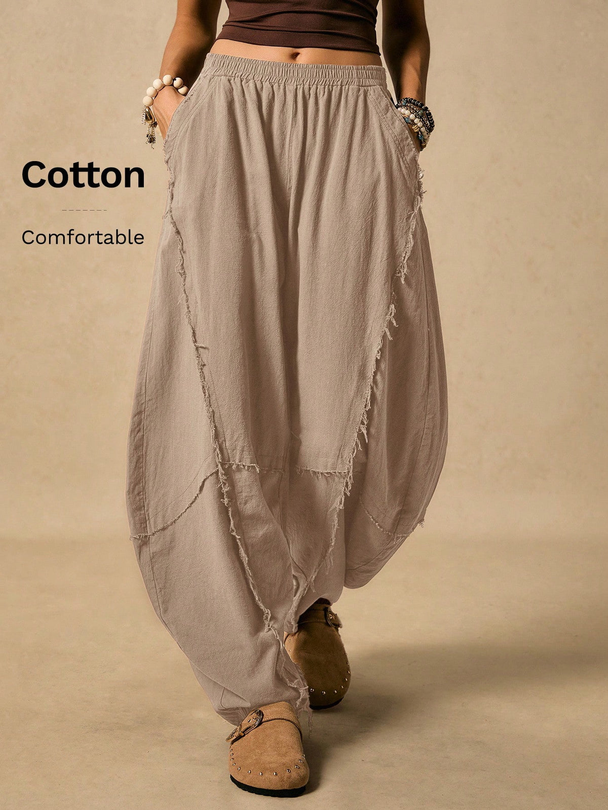 Easelle Women's Casual Slant Pocket Frayed Hem Woven Camel Pants Barrel Leg Pants Loose Pants Baggy Clothes Gauze Clothing Women