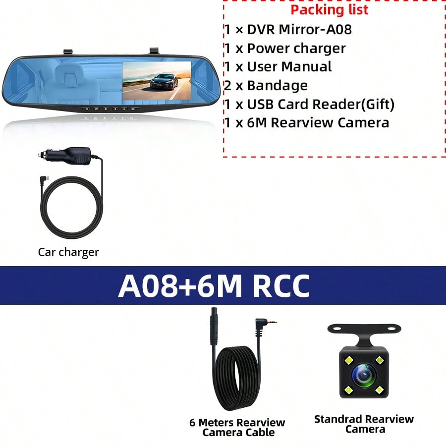 EE-ACE 1080P Full HD Dash Cam With 6MP 720P Rear Camera, 4.3" Rearview Mirror Digital Video Recorder, Dual Lens Dash Cam, Black Box