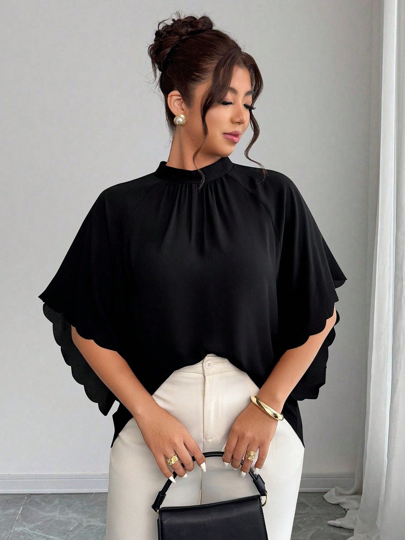 Elenzga Plus Size Women's Round Neck Ruched Sleeve Wavy Hem Loose Blouse, Spring/Summer Chic