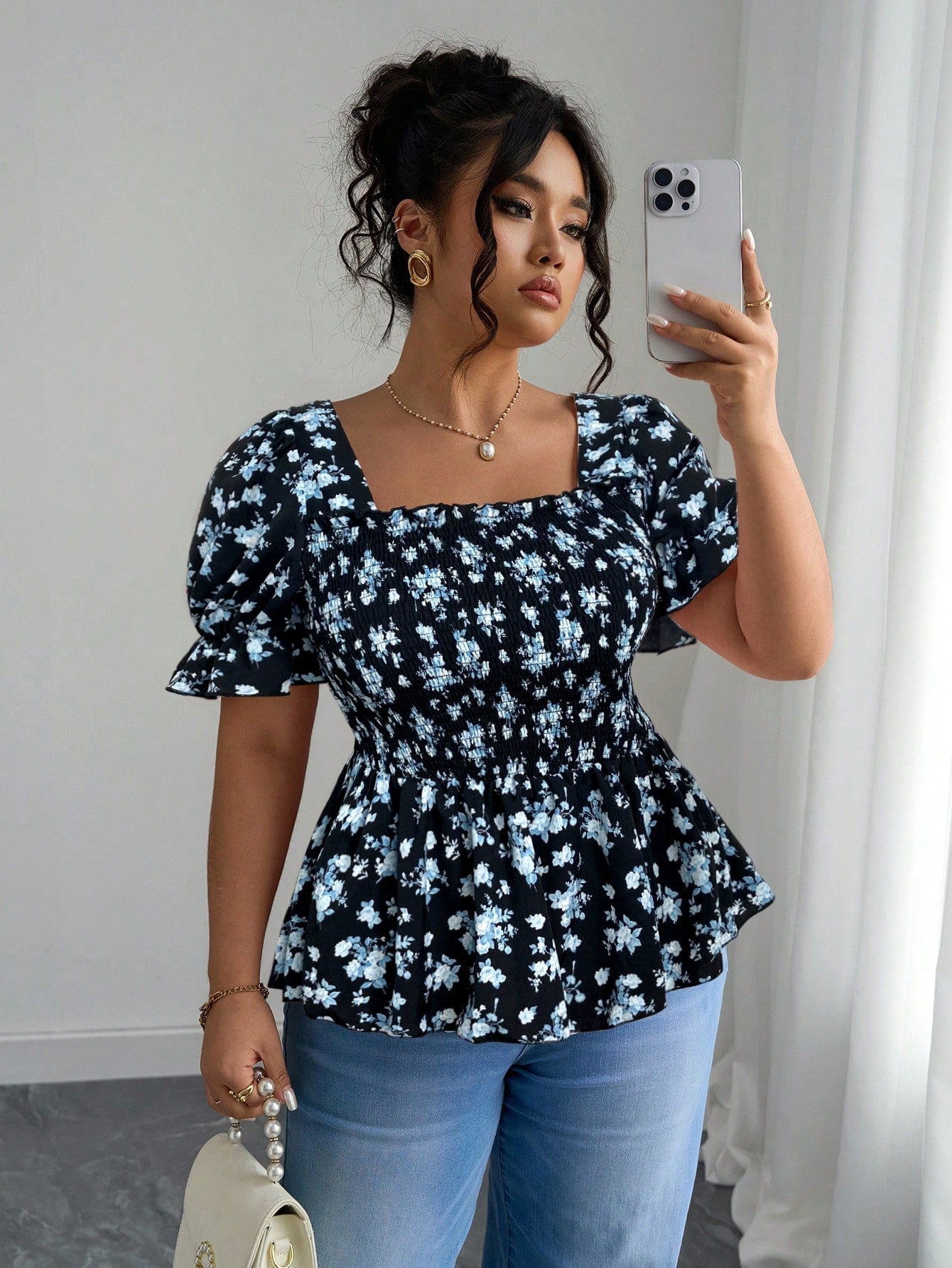 Elenzga Vacation-Inspired Slim-Fit Shirt Design Ditsy Floral Top Floral Top Square Neck Top Puff Sleeve Top Babydoll Top