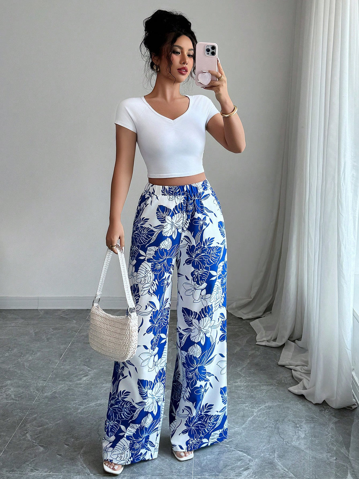 Elenzga Women's Casual Loose Elegant Multi-Element Print Elastic Waist Wide Leg Straight Pants, Summer Fall Cloth For Women