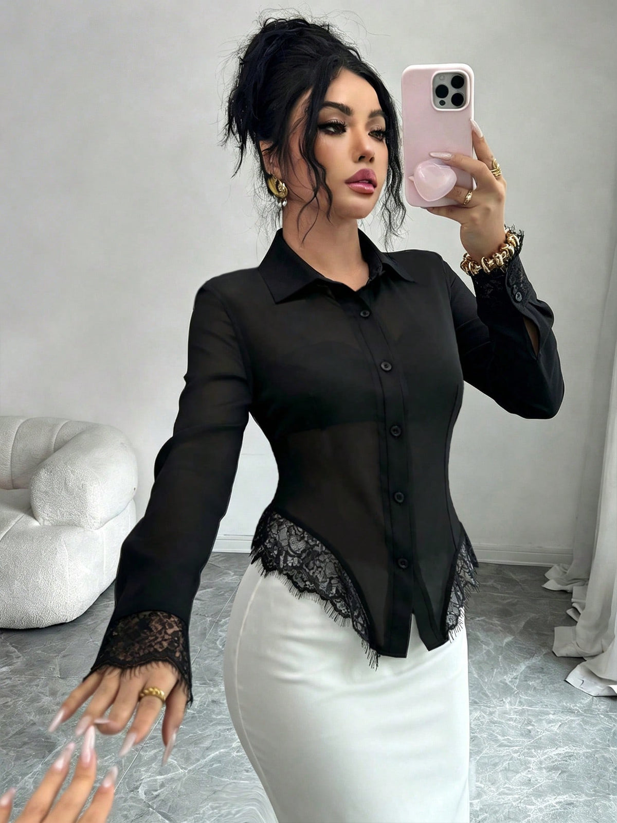 Elenzga Women's Fashionable Elegant Sexy Single-Breasted Lace Patchwork Asymmetrical Hem Sheer Blouse Night Out Black Summer