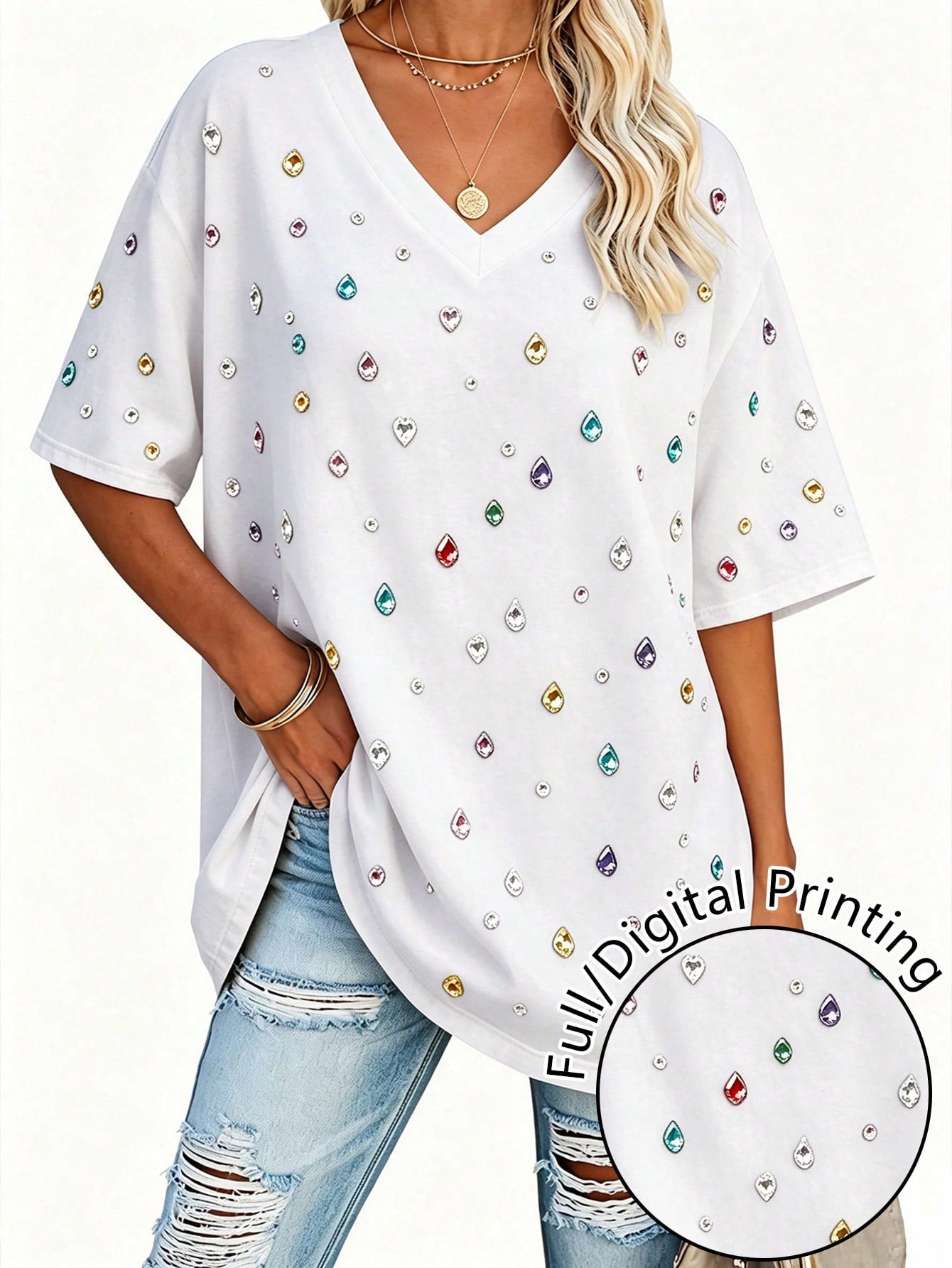 EMERY ROSE Women's Colorful Rhinestone V-Neck T-Shirt, Loose Short Sleeve Casual T-Shirt, Sparkling Gemstone Drop Pattern Summer Top