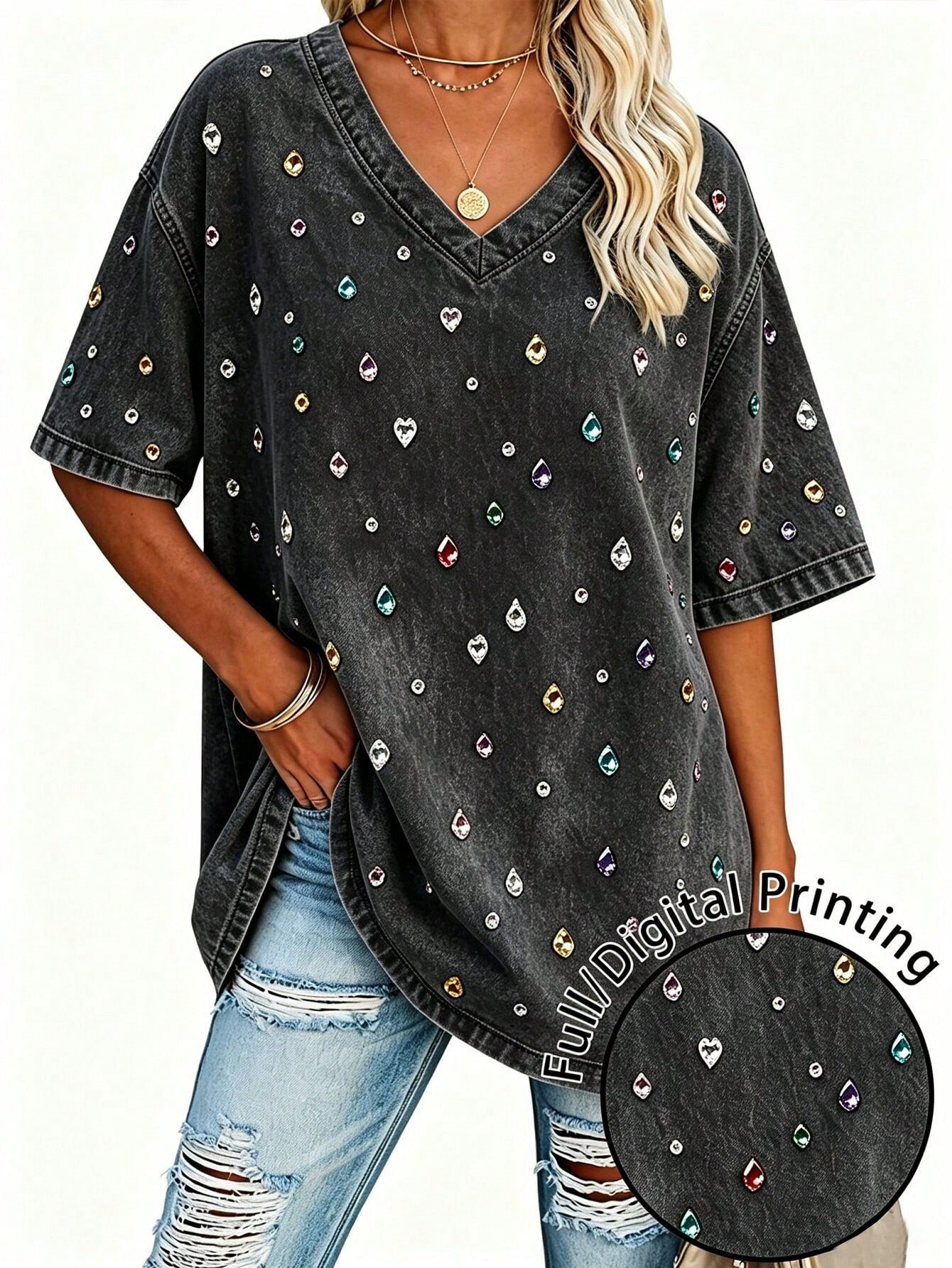 EMERY ROSE Women's Retro V-Neck Top, Casual Everyday Wear