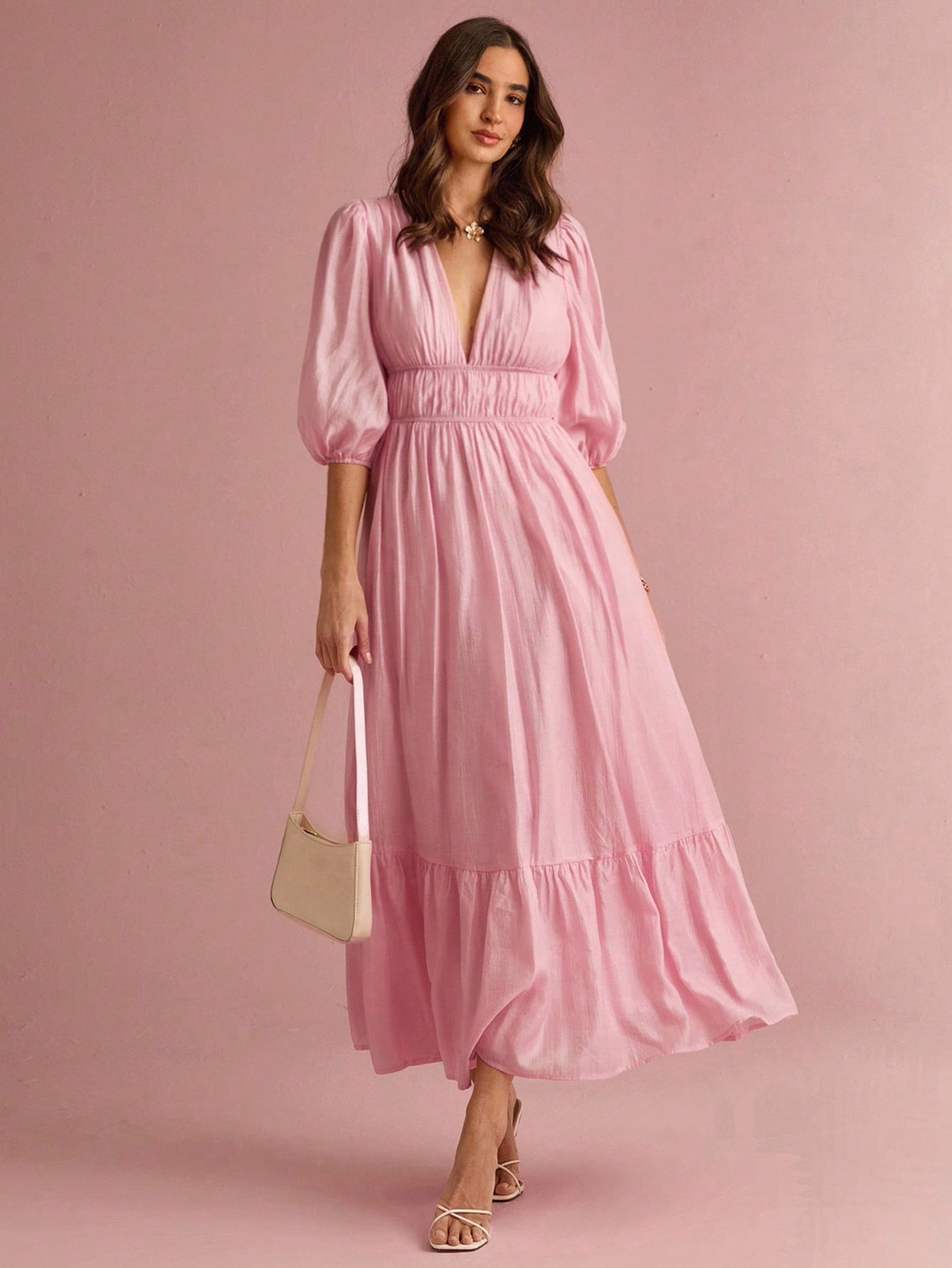 Enchnt Women's Soft Pink Elegant V-Neck Lantern Sleeve Long Dress, Summer Sun Dresses For Vacation&Date&Holiday&Party&Graduation&Wedding Guest&Prom