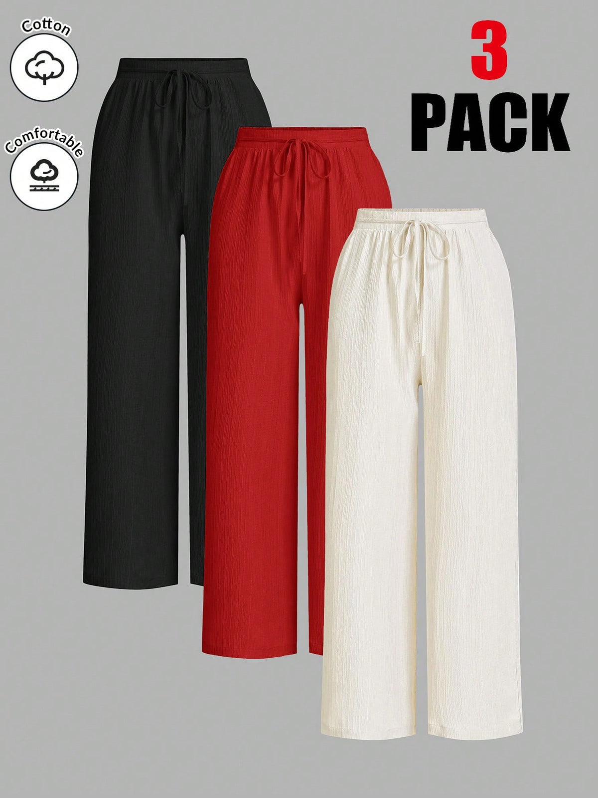 Essnce 3packs Summer Pants Women's Solid Color Waist-Tie Wide Leg Loose Casual Pants