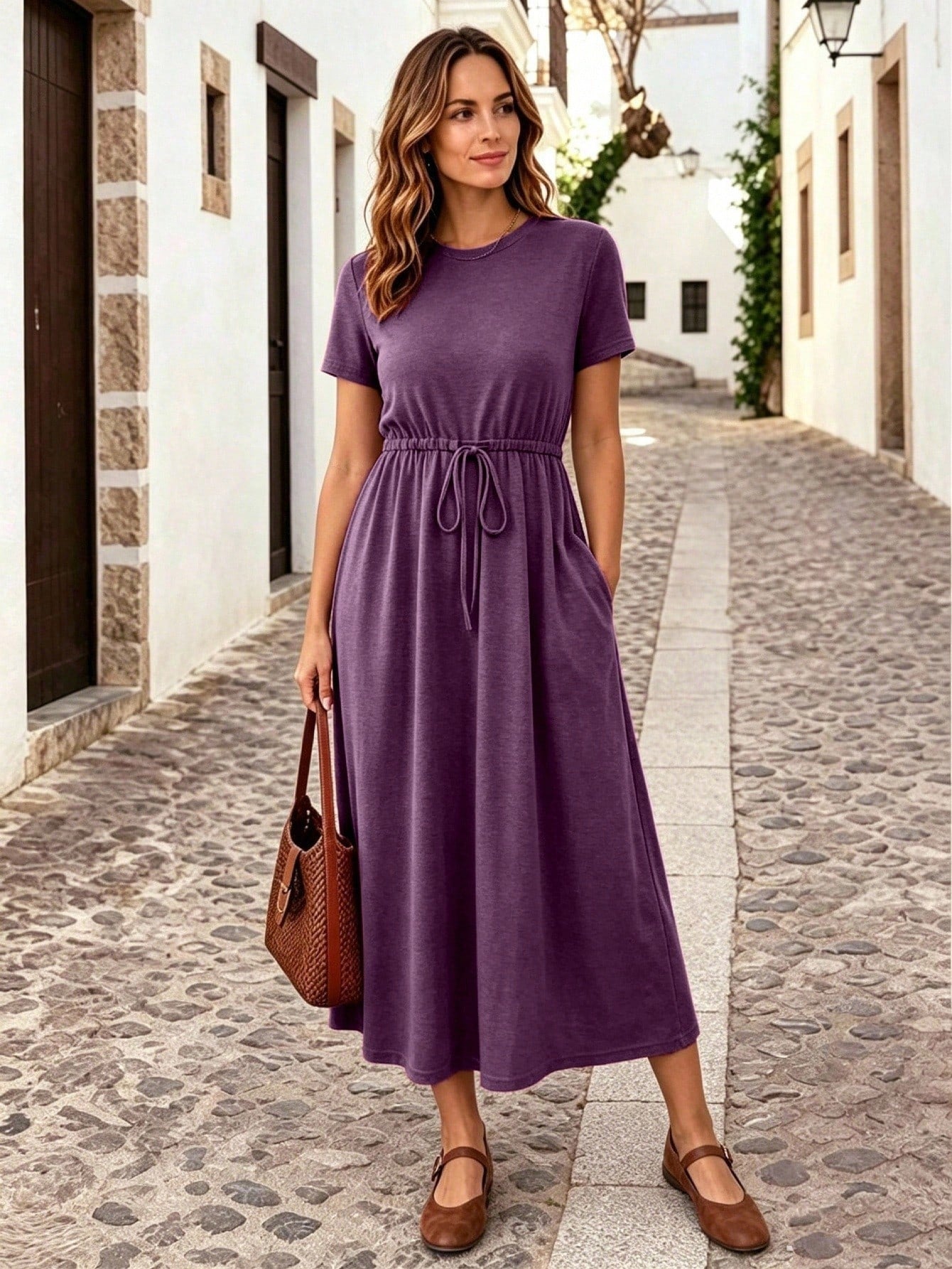 Essnce Women's Casual Versatile Solid Color Drawstring Waist Short Sleeve Dress