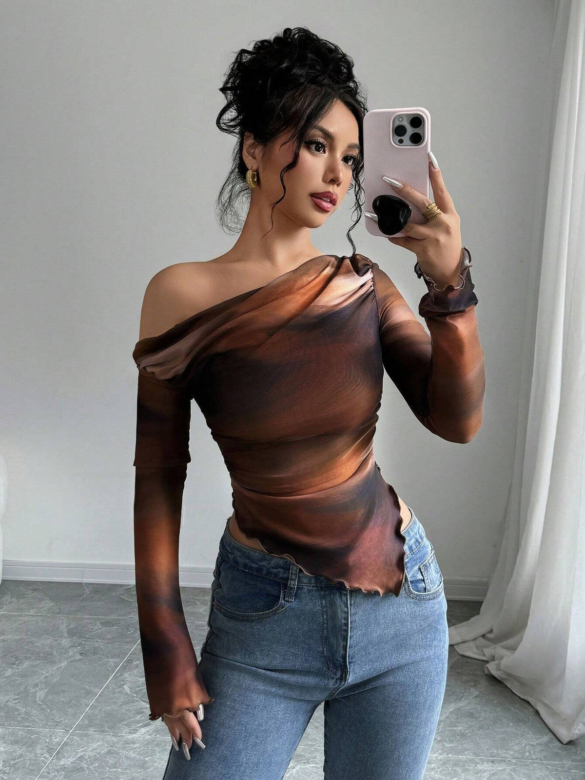 Firerie Women's Chic Sexy Asymmetric Neck Dark Brown Print Long Sleeve Fitted T-Shirt Autumn Date Night Club Night Out Elegant Vacation Beach Party