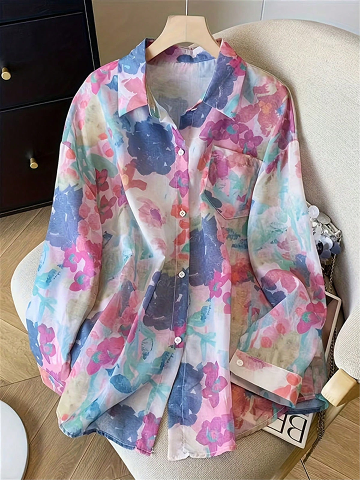 Floral Print Long Sleeve, Fashionable Vintage Casual Elegant Blouse For Women, Suitable For Spring/Summer Vacation