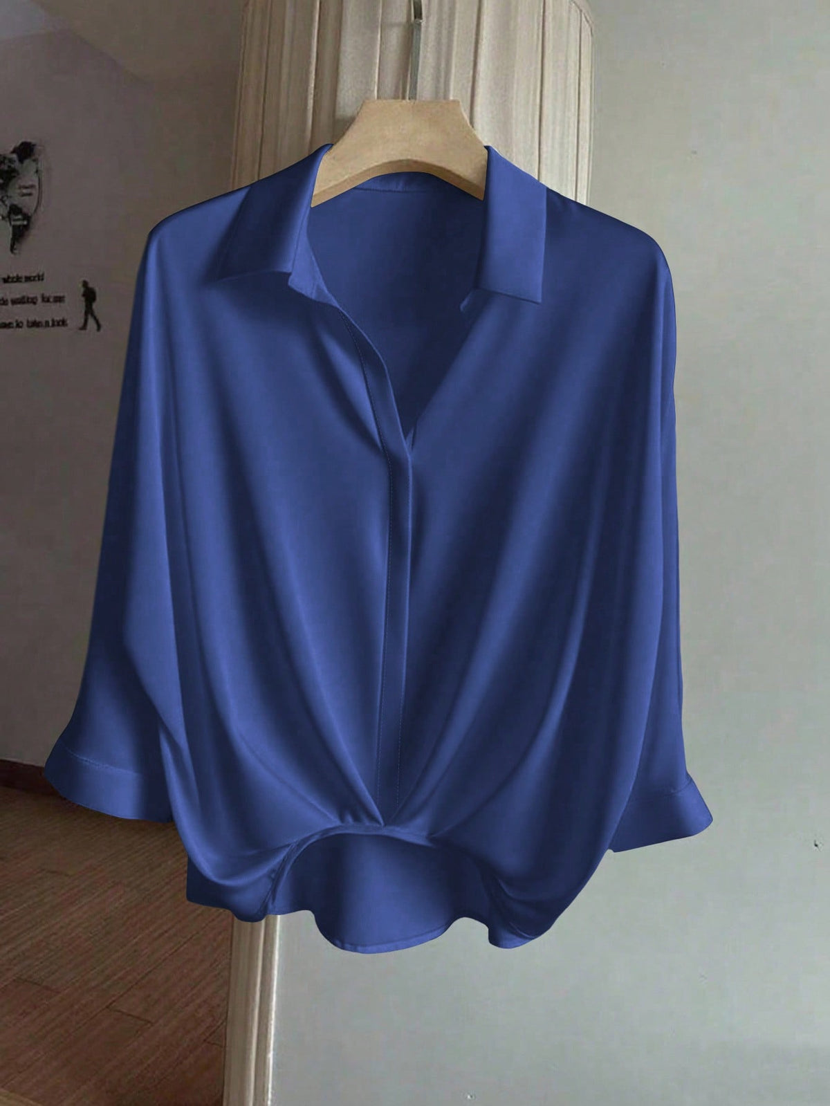 Franclia Royal Blue Autumn Elegant Office Women Silk Blouse,Casual Woven Fabric Pullover Blouse With Asymmetrical Hem,Collar Neckline & Three Quarter Sleeves