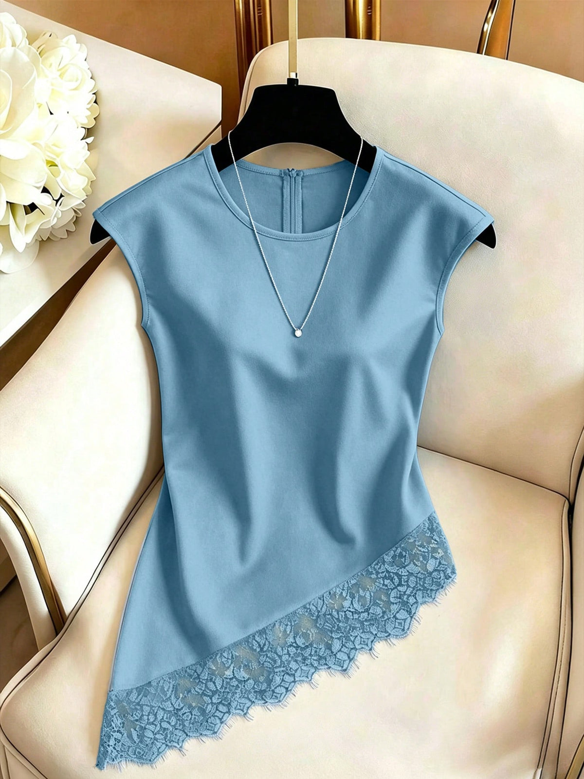 Franclia Women's Round Neck Lace Patchwork Casual Versatile Everyday Blouse