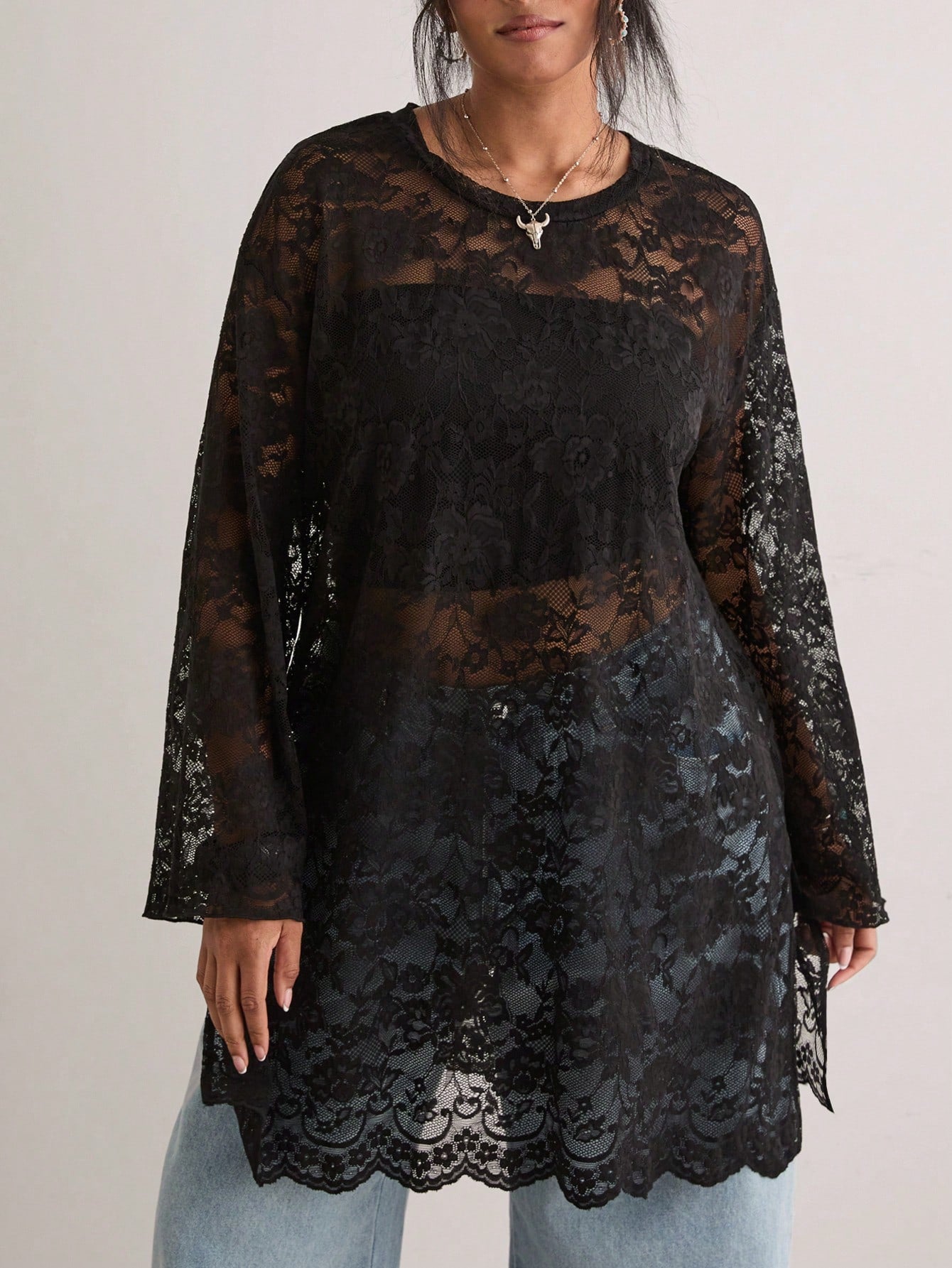 Freevana Women's Bohemian Style Black Sheer Floral Lace Long Sleeve Loose Waist Blouse, Casual Vintage Top Fall