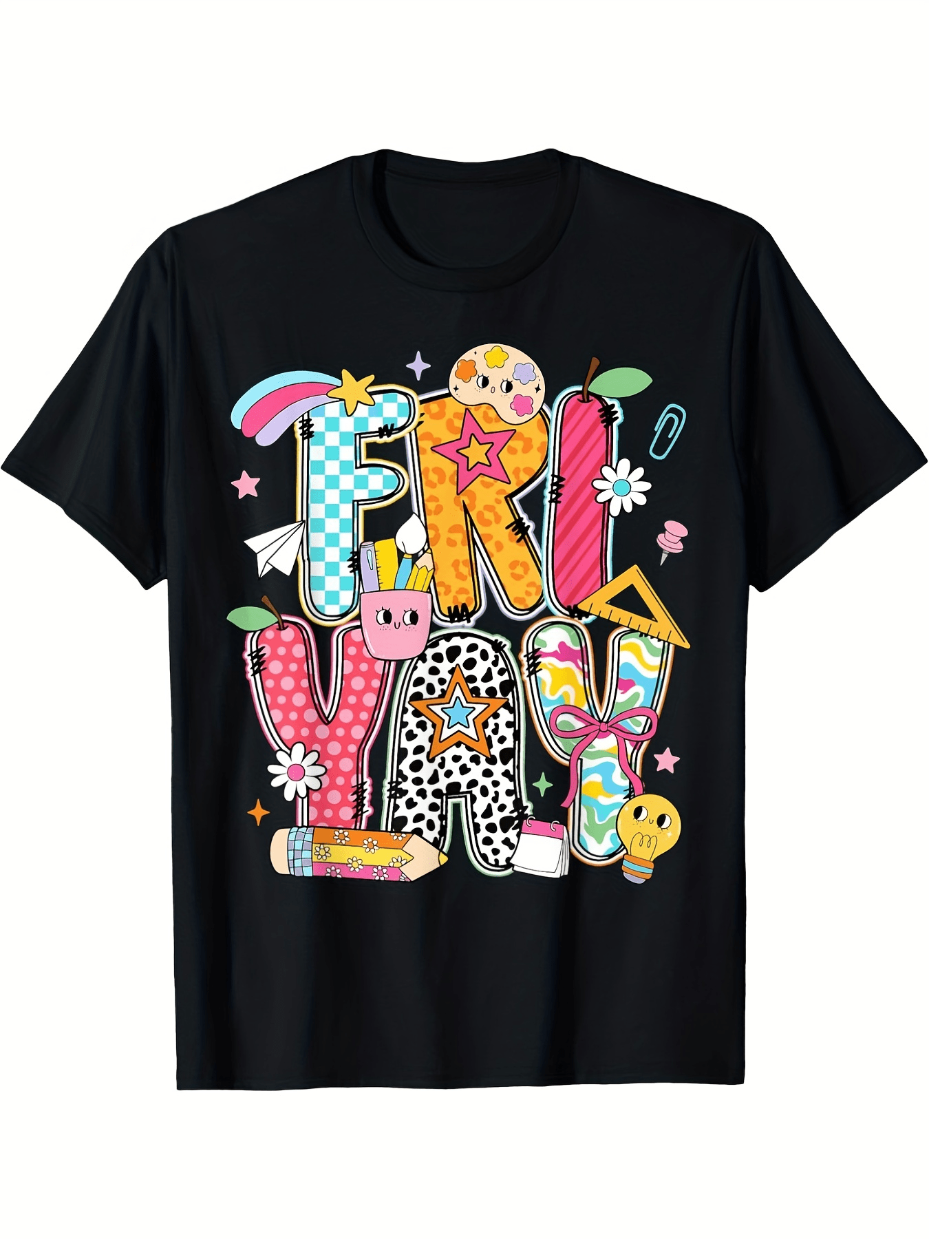 Friyay Happy Friday Fun Teacher T-Shirt- Retro Confetti And Star Print, Loose Fit, Unisex, Casual Crew Neck, School Season T-Shirt.