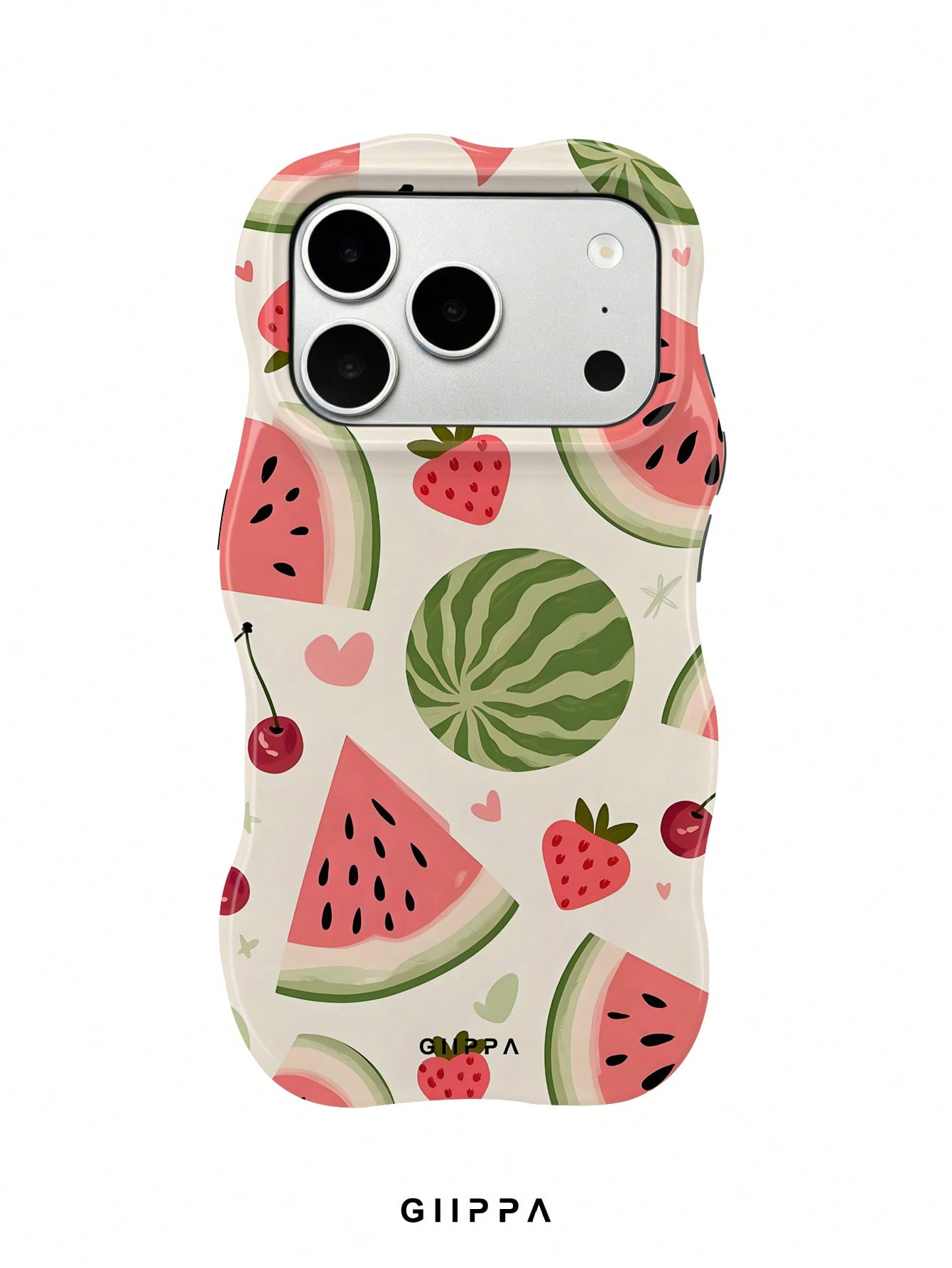 GIIPPA 1pc Apricot Base With Watermelon And Strawberry Pattern Design, Phone 17 Pro Max Wavy Phone Case, Compatible With Phone 16 Pro Max, 15 Pro Max, 14 Pro Max, 11/12/13/14/15/16 Pro Max Plus, Korea