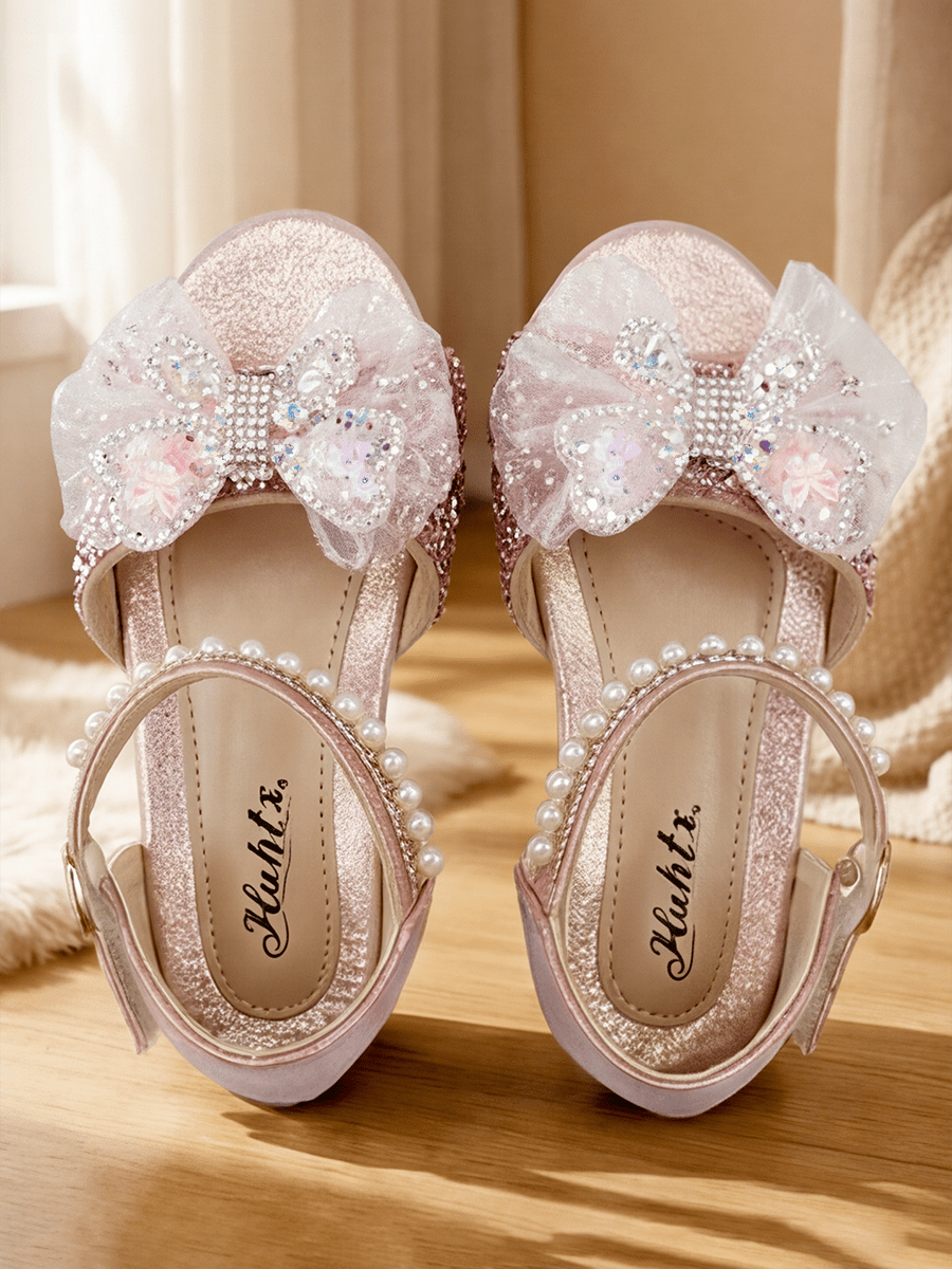 Girls Pink Gold Rhinestone Mesh Bow Princess Sandals Pearl Open Toe Non Slip Block Heel Flat School Party Birthday Performance Shoes