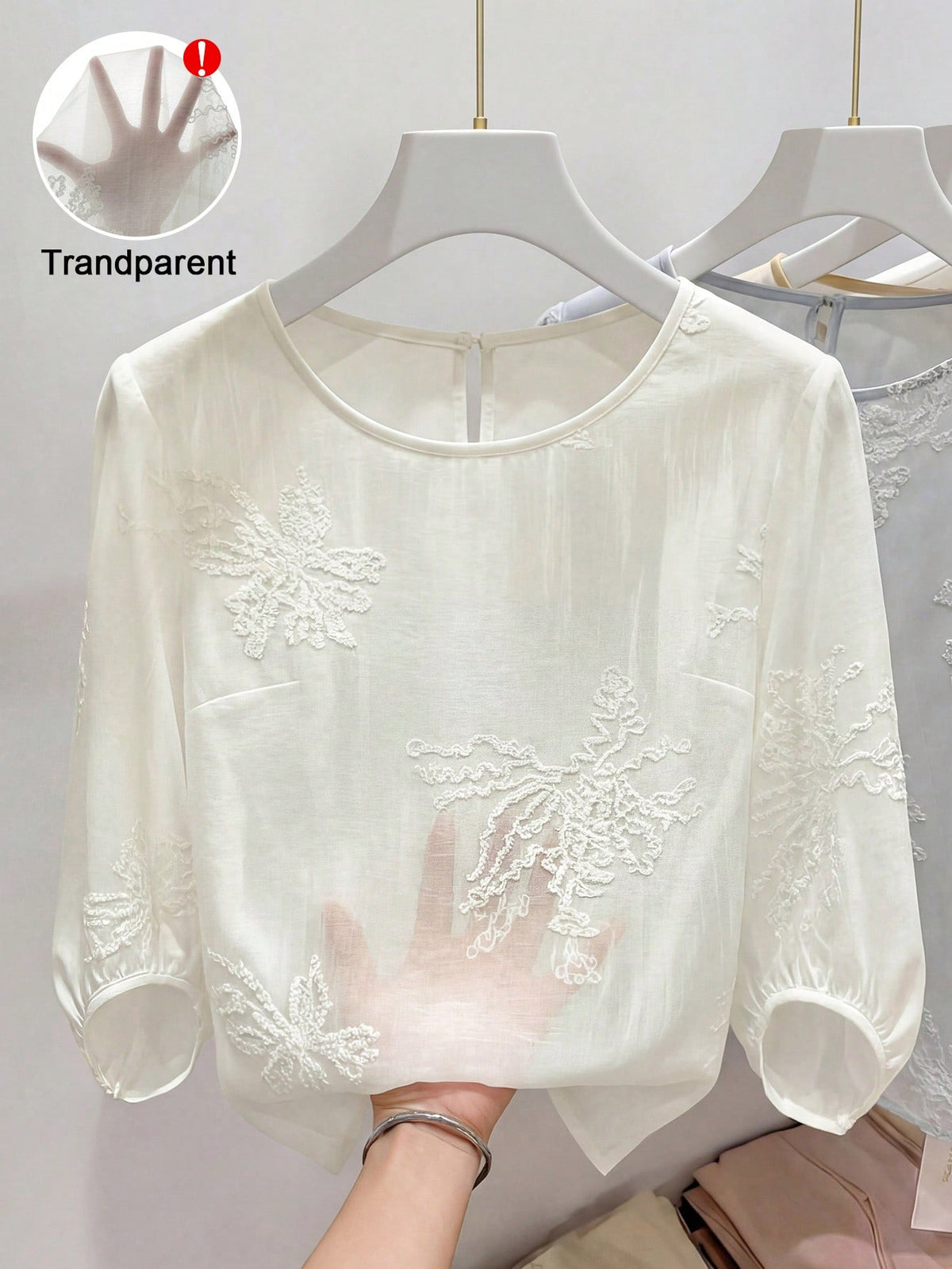 GlowEve French Elegant Solid Color Round Neck Lantern Sleeve Embroidered Shirt, Loose Casual Lightweight Top For Summer Vacation