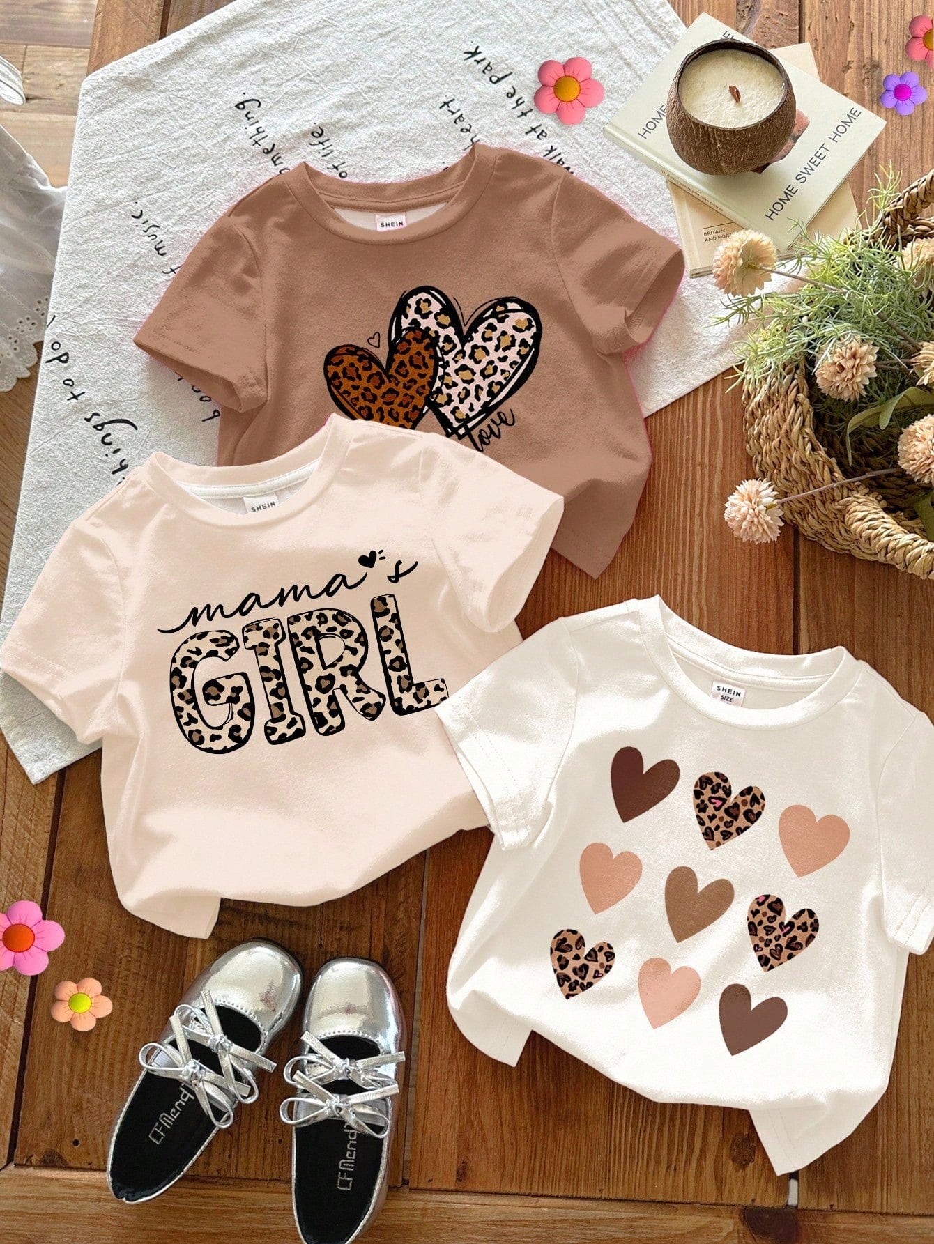 Happikins 3pcs Baby Girl Cute Summer Casual Rainbow Family Matching Mama's Girl Leopard Heart Pattern Dusty Rose Brown White Animal Print Graphic Tees