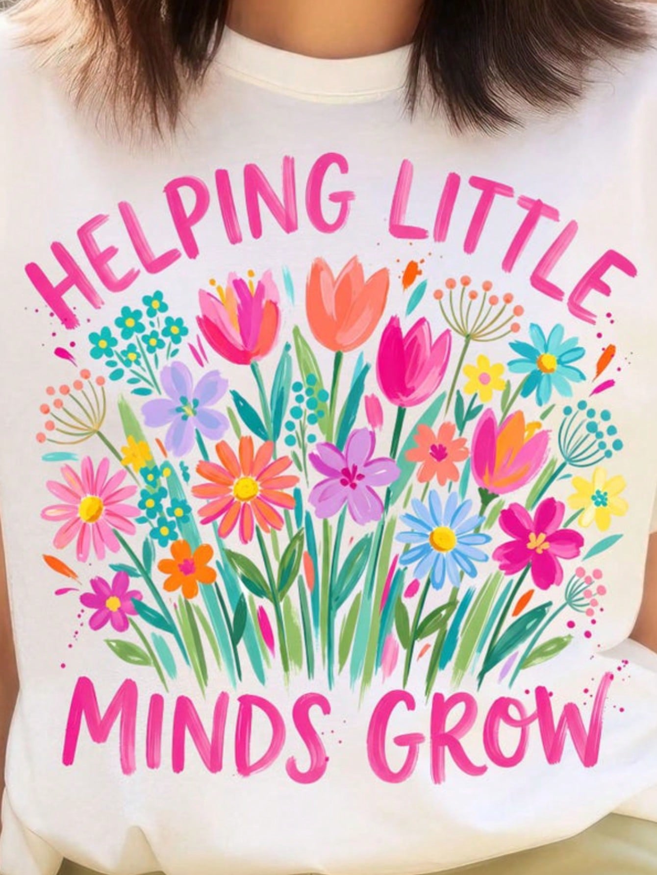 Helping Little Minds Grow Floral Bouquet Cotton Tee Cute Teacher Gift Spring Summer Casual Top Aesthetic Graphic Shirt