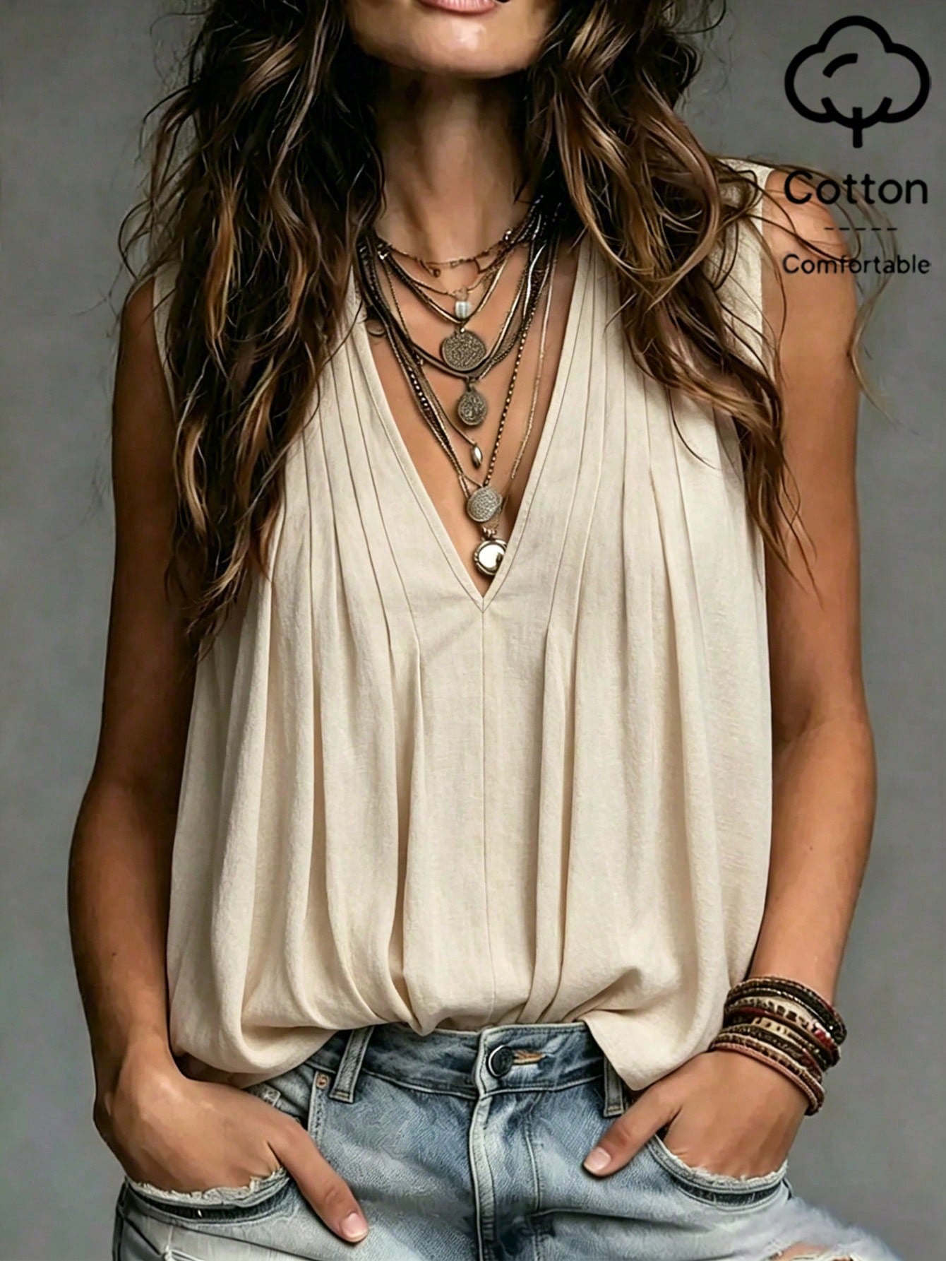 Holidaya Minimalist Beige Tone With Relaxed Texture, Deep V-Neck With Front Pleated Design Tank Top, Suitable For Commuting, Casual And Other Multiple Occasions, Easily Create A Lazy Artistic St