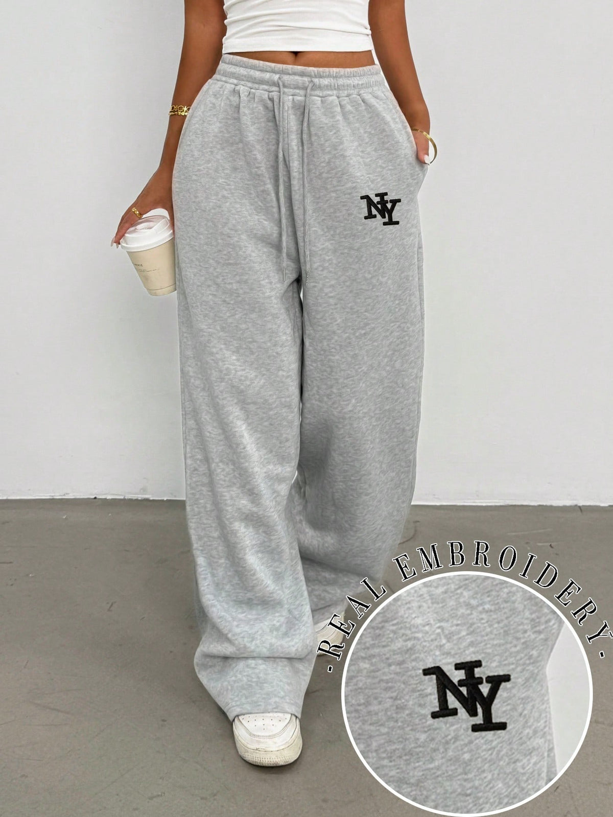 INAWLY Women's Winter Baggy Grey Casual Sweatpants,NY Letter Embroidered Straight Loose Long Pants For Gym,Elegant & Comfortable Design For Casual Outings