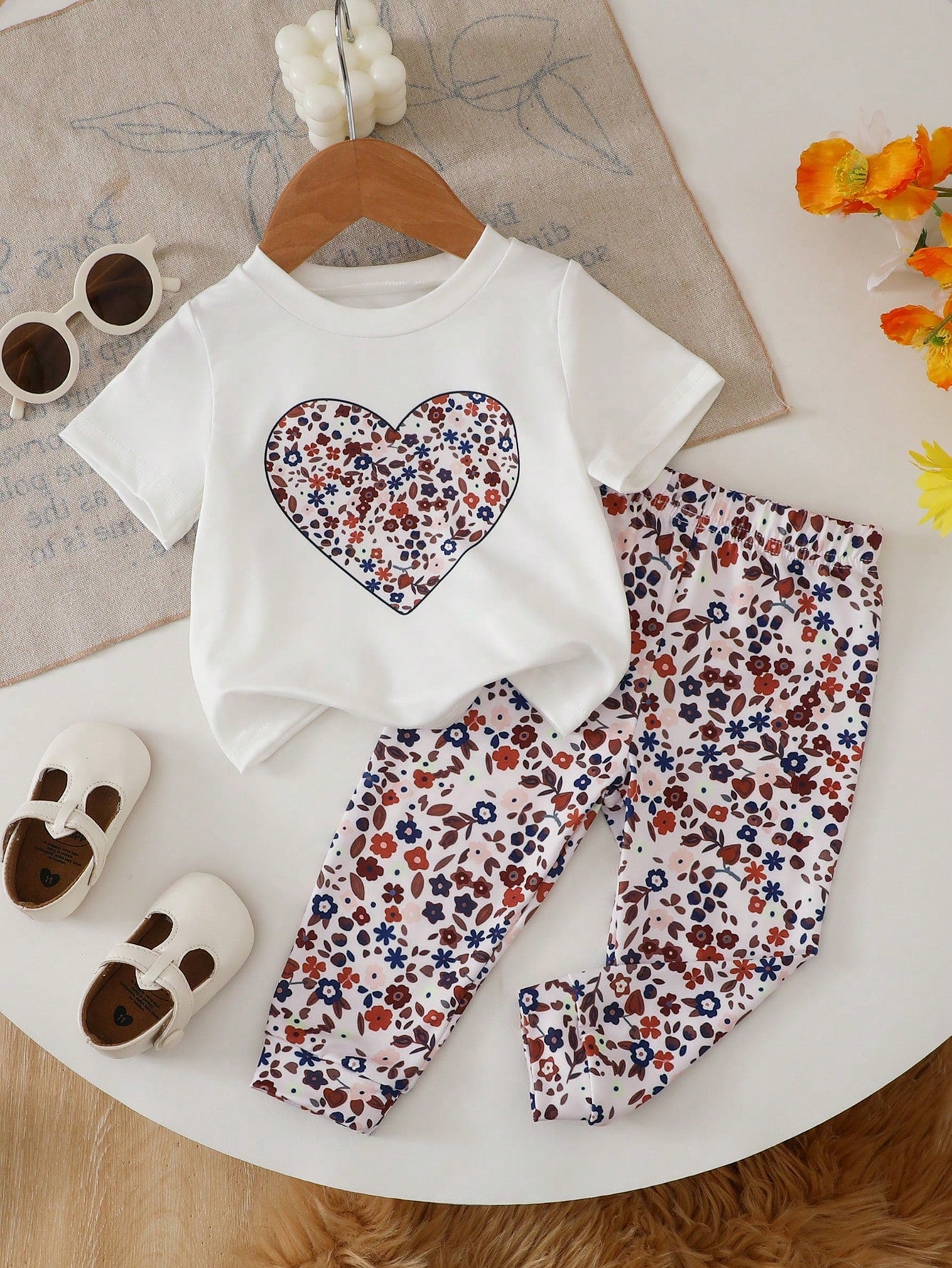 Infant/Toddler (Girl) Cute Bow Print White Round Neck Short Sleeve Top Paired With Comfortable Leopard Print Casual Spring/Summer Long Pants T-Shirt Set