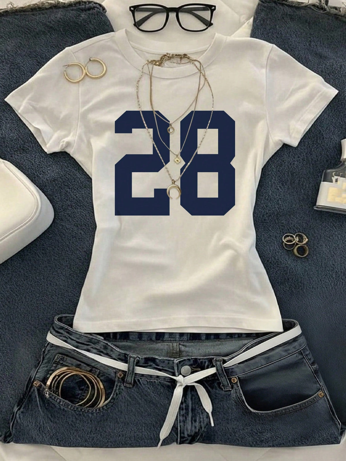 IslaSuriya Women's Round Neck Numeric Print Casual Versatile Daily Wear Short Sleeve T-Shirt Jersey