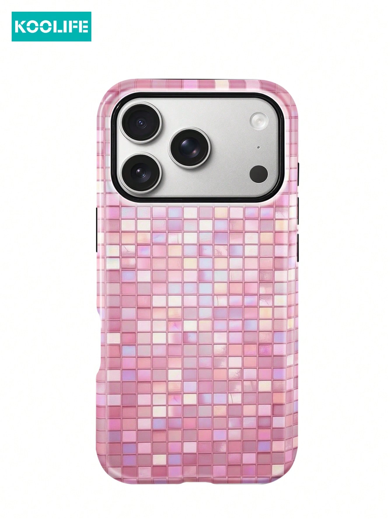 Koolife 1pc Pink Colorful Mosaic Grid Phone Case, 2-In-1 Phone Case, PC+TPU Material, Glossy Hard Shell, Glitter Tile Pattern Anti-Scratch Anti-Drop Protective Cover, For Phone18pro/18pro Max/17/17pro