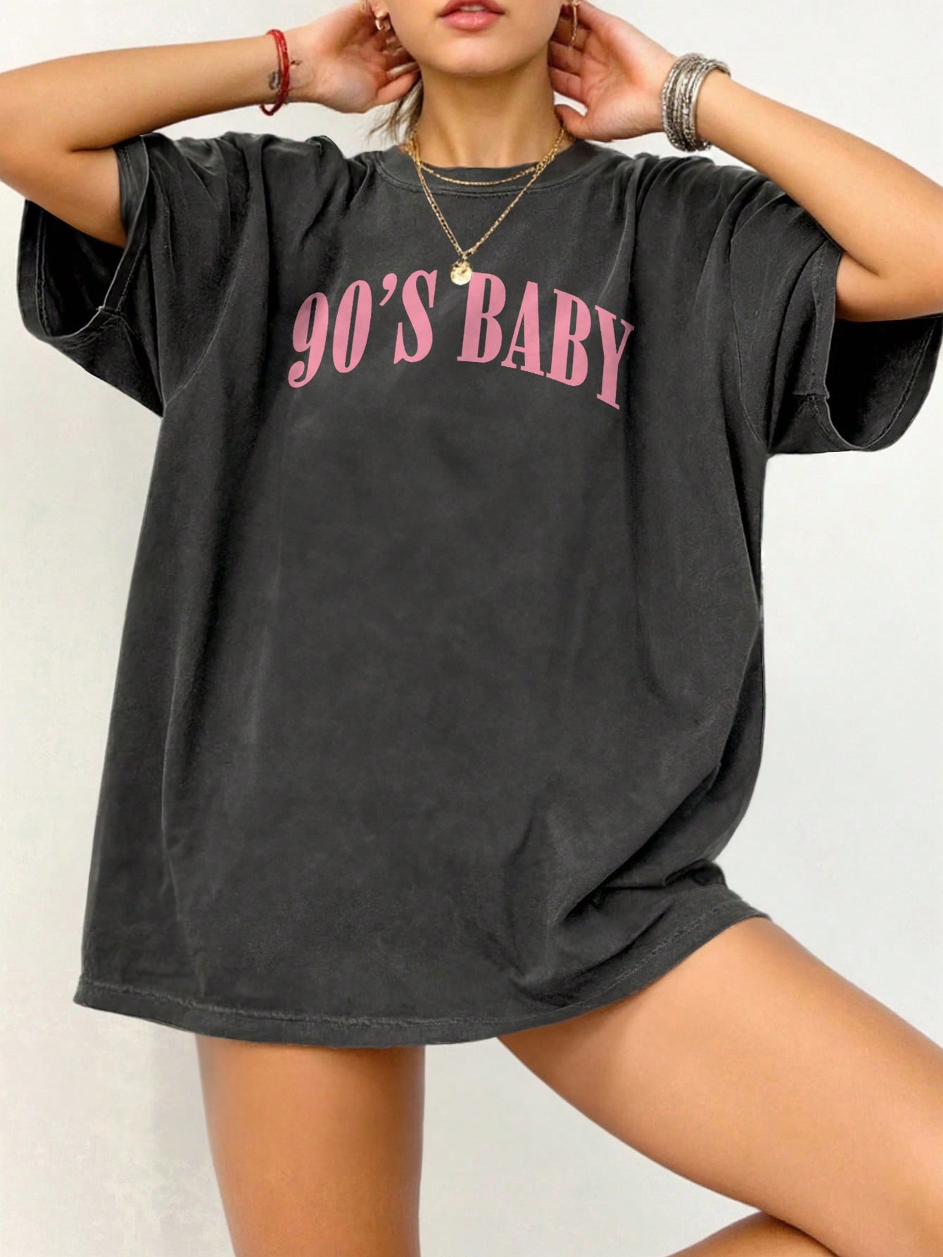LUNE Plus Size Women Letter Print Round Neck Short Sleeve Casual Loose T-Shirt