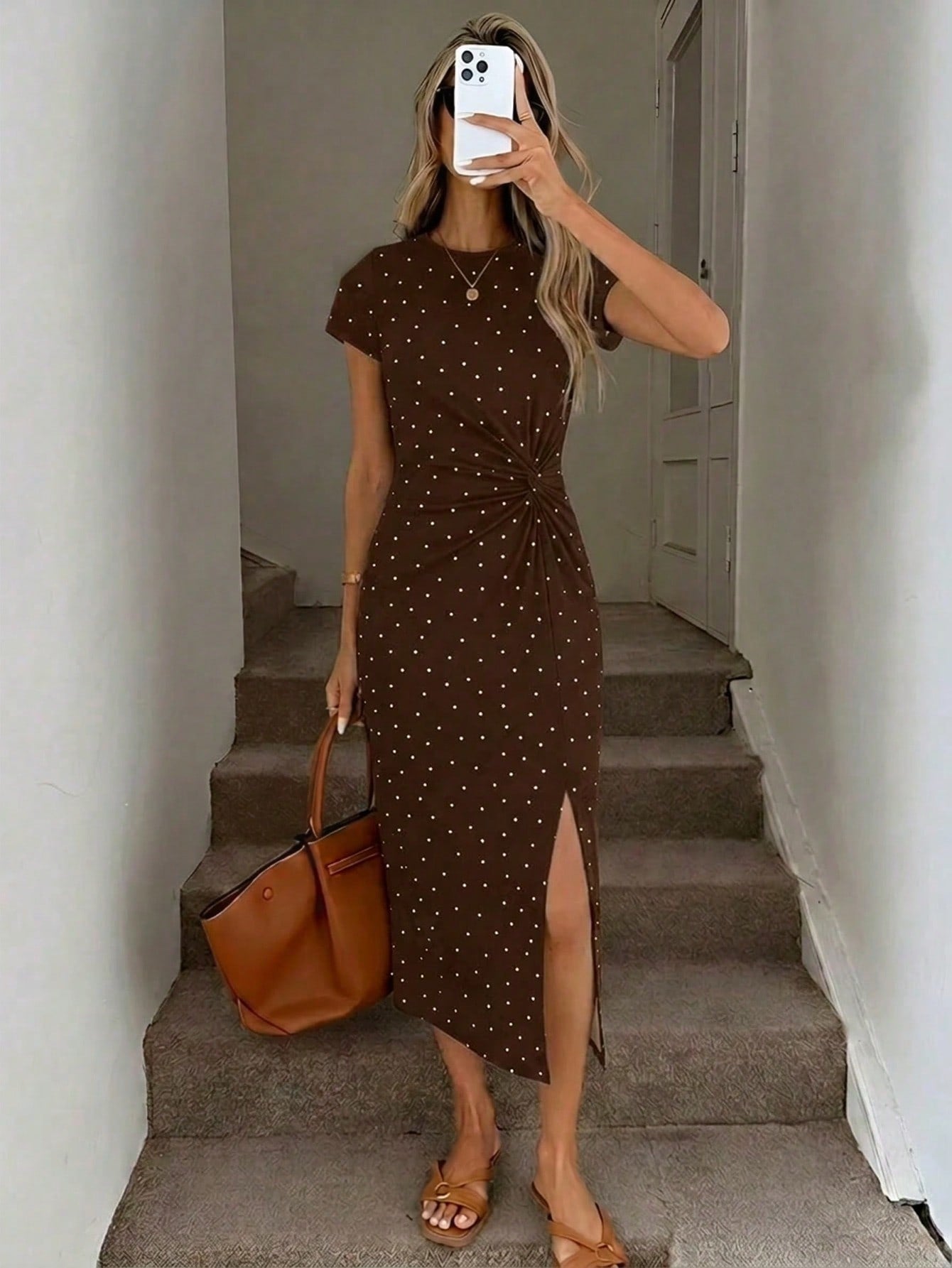 LUNE Women's Printed Summer Casual Elegant Waist Knot High Slit Sleeveless Midi Dress, Knit Textured Bodycon Dress, Birthday Outfit, Fitness Set, Wedding Guest Dress, Office Wear, Brown Polka Do