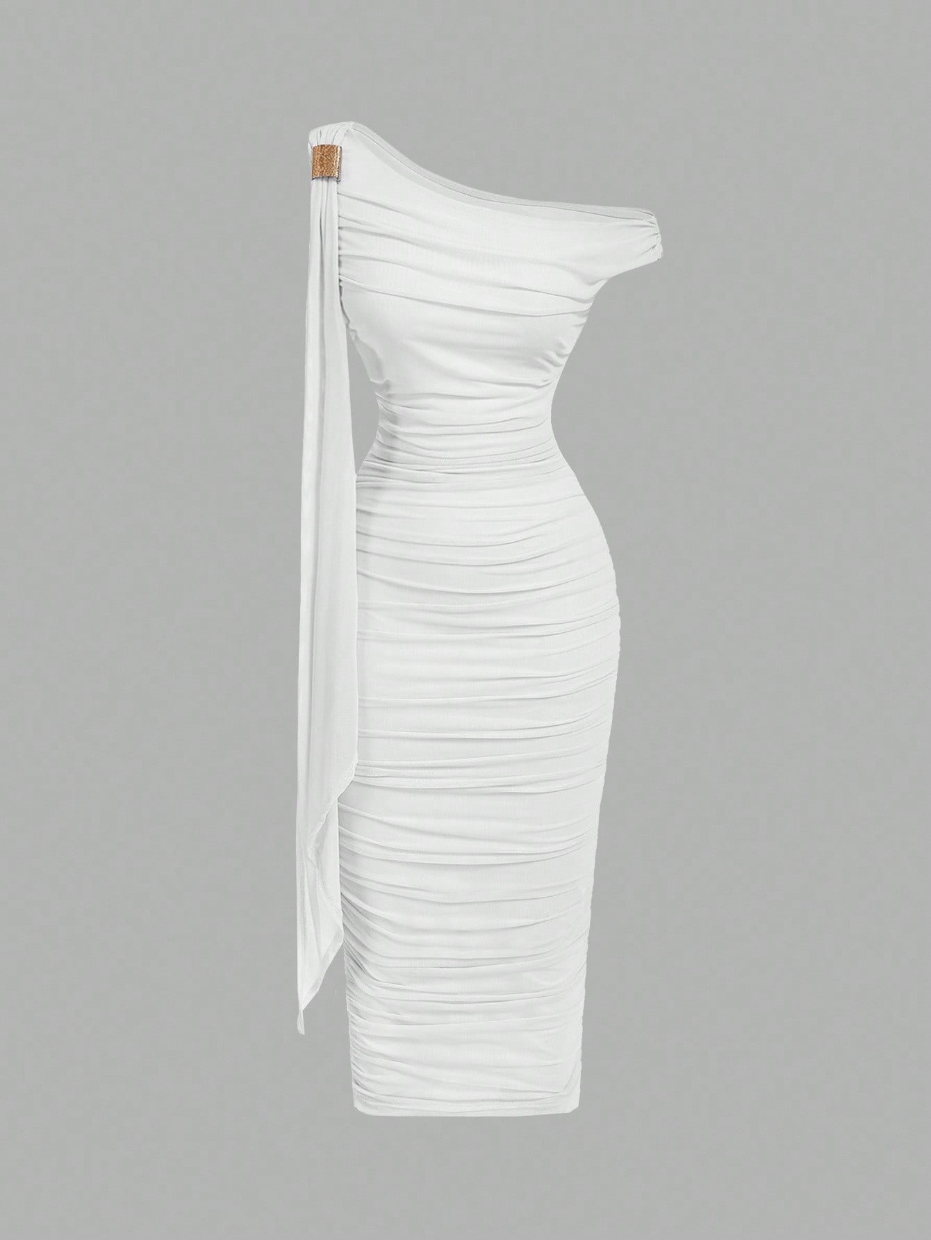 MOD Women's Solid Color Asymmetric Ruffle Tie Waist Midi Dress, Elegant & Fitted,Wedding Guest Dress Women