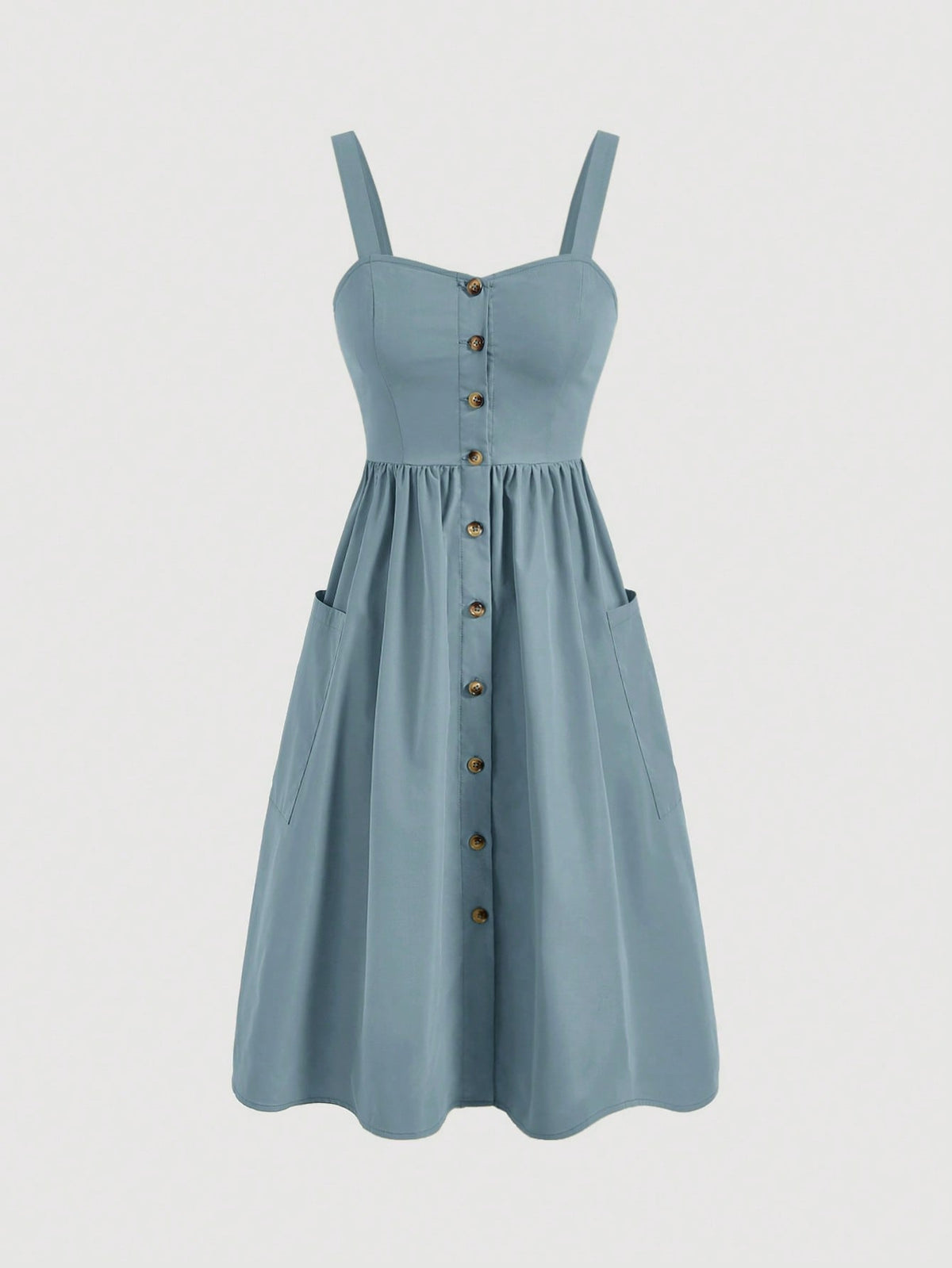 MOD Women's Solid Color Wide Strap Front Button Pocket Simple Casual Dress,Summer Dresses