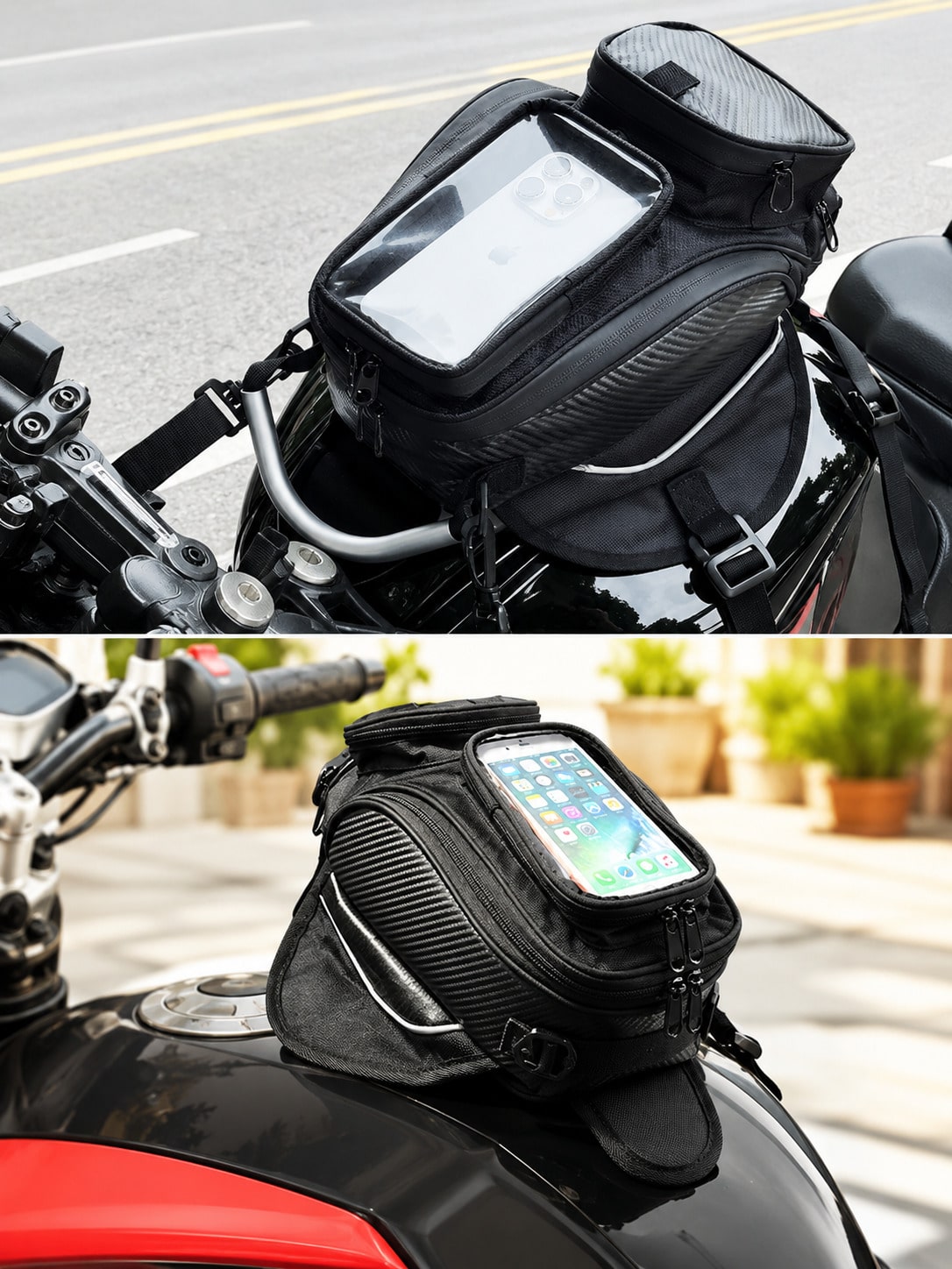 Motorcycle Tank Bag, Magnetic Fuel Tank Bag With Touch Screen Phone Holder, Waterproof Oil Gas Tank Bag, Fits Phones Up To 6.9in, GPS Navigation Saddle Bag, Cell Phone Storage Pouch With Shoulder Stra