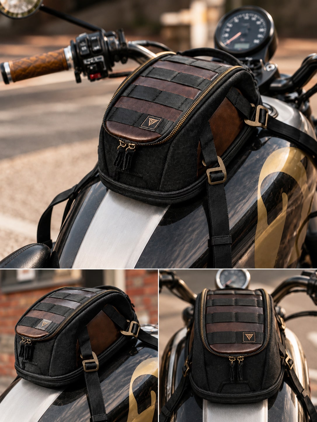 Motorcycle Tank Bag Magnetic Retro Style 3L-5L Expandable Waterproof Motorcycle Storage Bag Strong Magnet + Adjustable Shoulder Strap Rain Cover Non-Slip Base Mesh Phone Pocket Cafe Racer Bobber Cruis