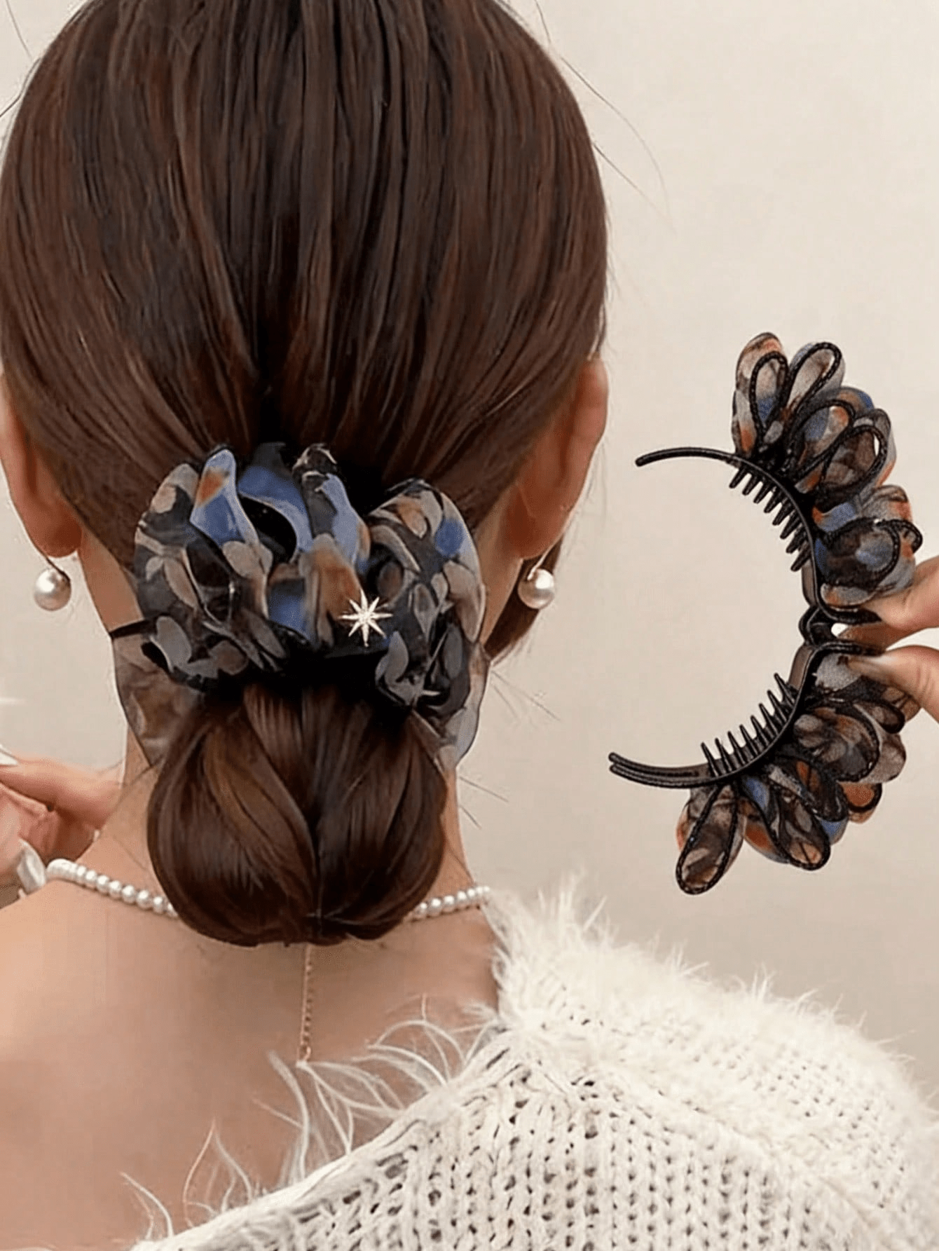 Multi-Color Navy Blue Chiffon Fabric Plastic Bird Nest Hair Clip, Expandable Ponytail Holder, Elegant Korean Slouchy Bun Styling Tool, Star-Shaped Hair Clip, Geometric Styling Tool, Suitable For Women