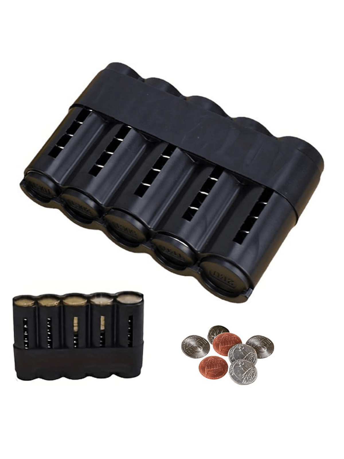 Multifunctional Black Plastic Coin Storage Box- 5 Compartment Euro Coin Storage Box With Coin Dispenser, Portable Euro Coin Box And Travel Coin Container| Suitable For Car, Home, Office And Travel C