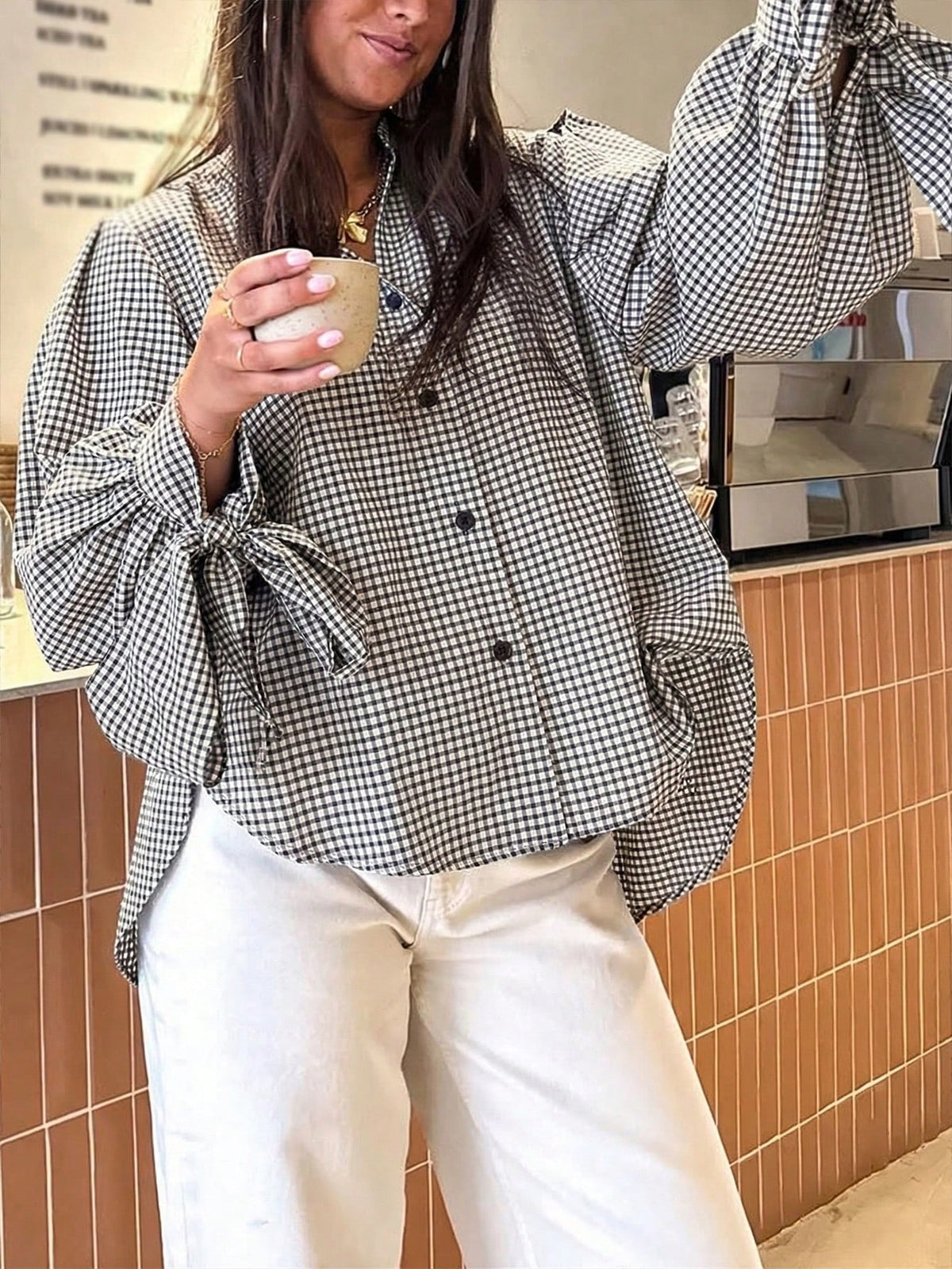 New Fashionable Elegant Vacation Bow Tie Long Sleeve Plaid Casual Shirt, Minimalist For Commute, Daily, Tea Party, All Seasons Spring