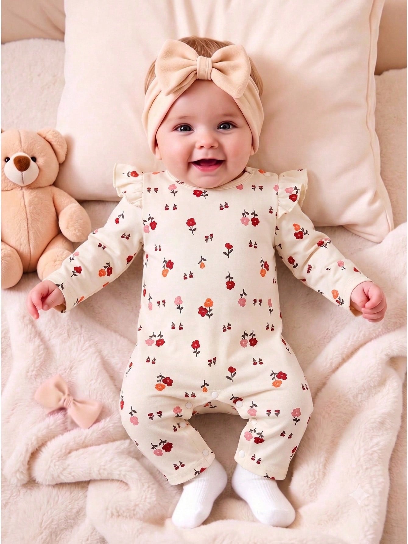 Newborn Baby Girl Floral Pastoral Style Romper, Beige With Fresh Print, Small Flutter Sleeve Design, Round Neck Fits Neck Comfortably Without Tightness. Snap Closure At Crotch For Easy Diaper Ch