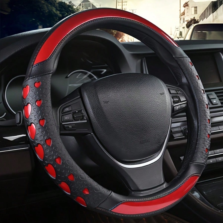 Ove Heart Design Sports Steering Wheel Cover- PU Leather Inner Ring, Enhanced Grip & Universal Fit