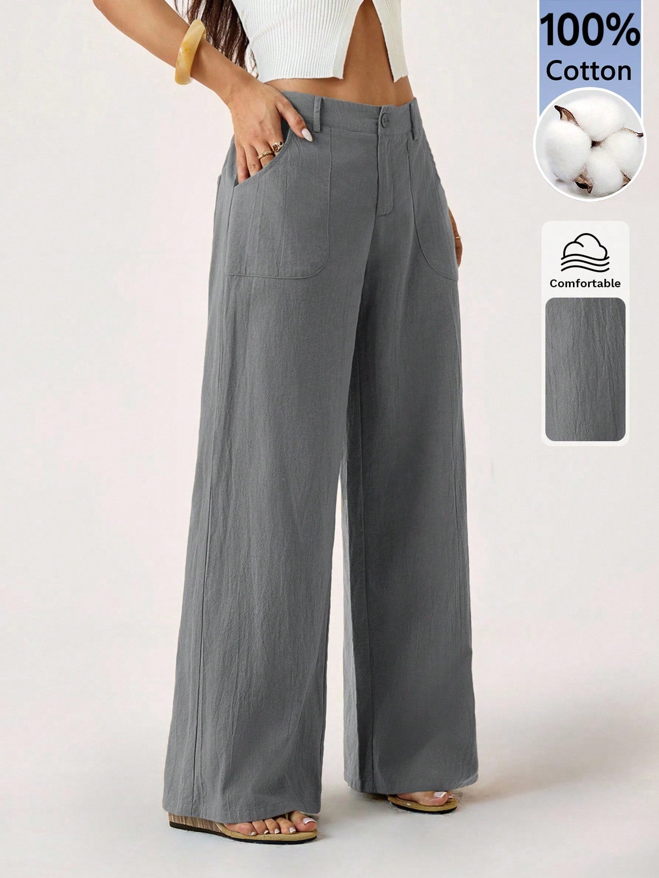 PETITE 100% Washed Cotton Low Waist Straight Pants,Petite Women