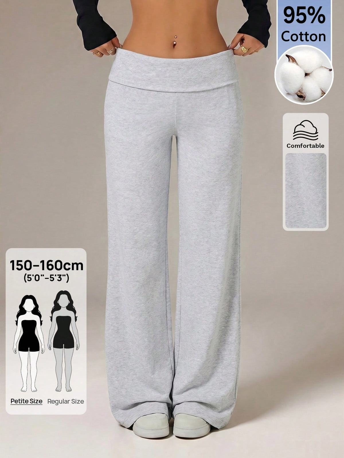 PETITE Gray High Waist Wide Leg Loose Casual Basic Pants Gym Lounge Autumn