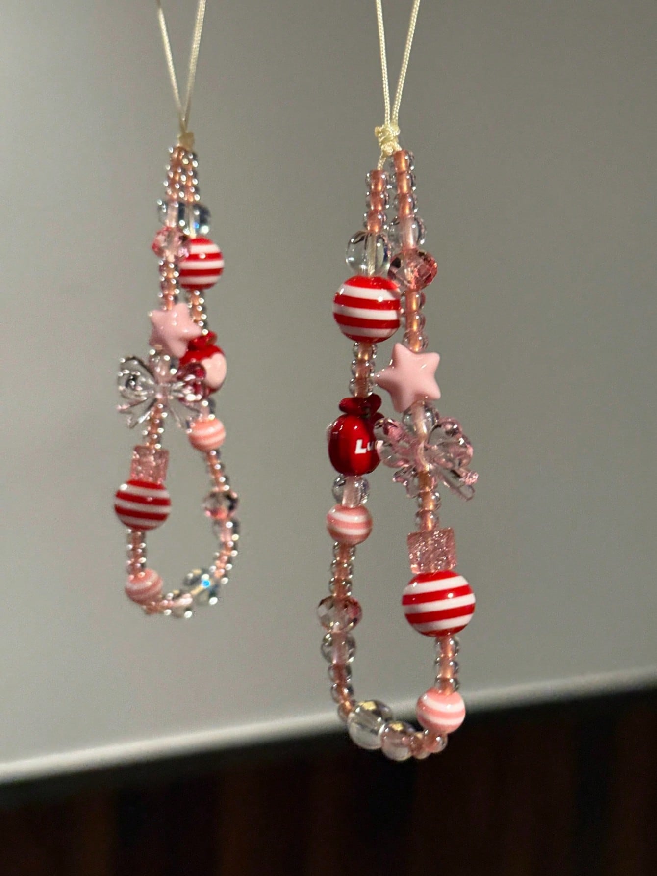 Pink Bow Tie INS Style Korean Red Beads Pink Star Phone Strap Apple Phone Chain Beaded Camera Charm Spring Birthday Gift