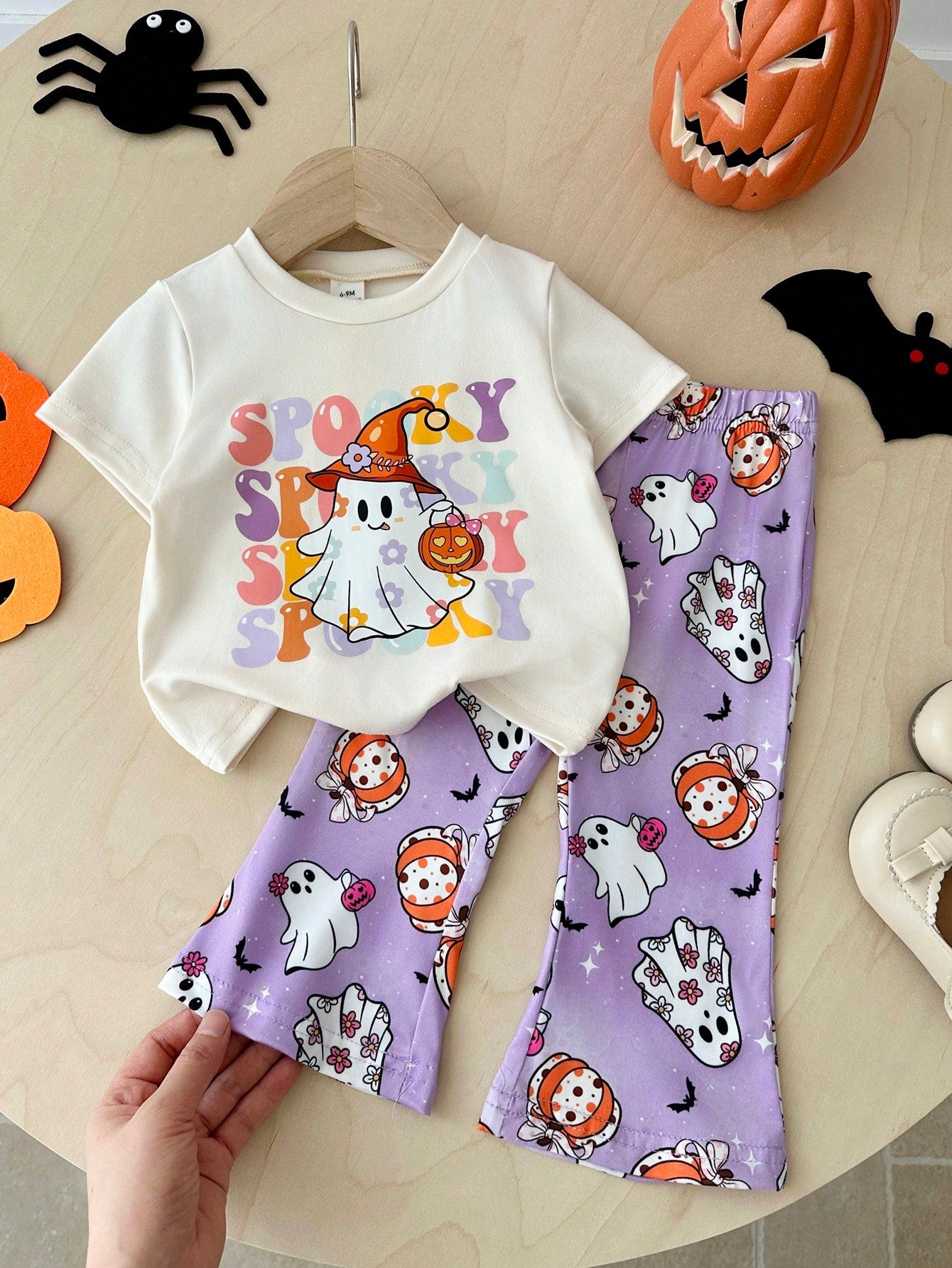 Playful Pals 2pcs/Set Baby Girl Casual Cute Halloween Ghost Face Pumpkin Pattern Short Sleeve Round Neck T-Shirt And Elastic Waist Flare Long Pants Outfit, Girls Halloween Costume, Baby Hallowee