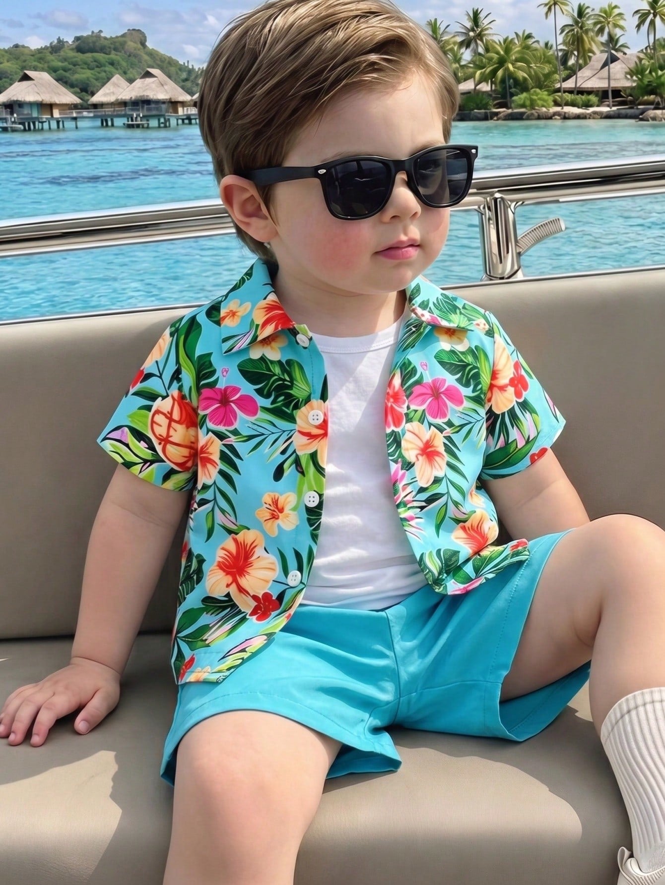 Playful Pals 2pcs/Set Toddler Boys' Casual Holiday Short Sleeve Polo Shirt And Solid Color Shorts Summer Outfit Tropical Vacation Outfits Boy Beach Outfit