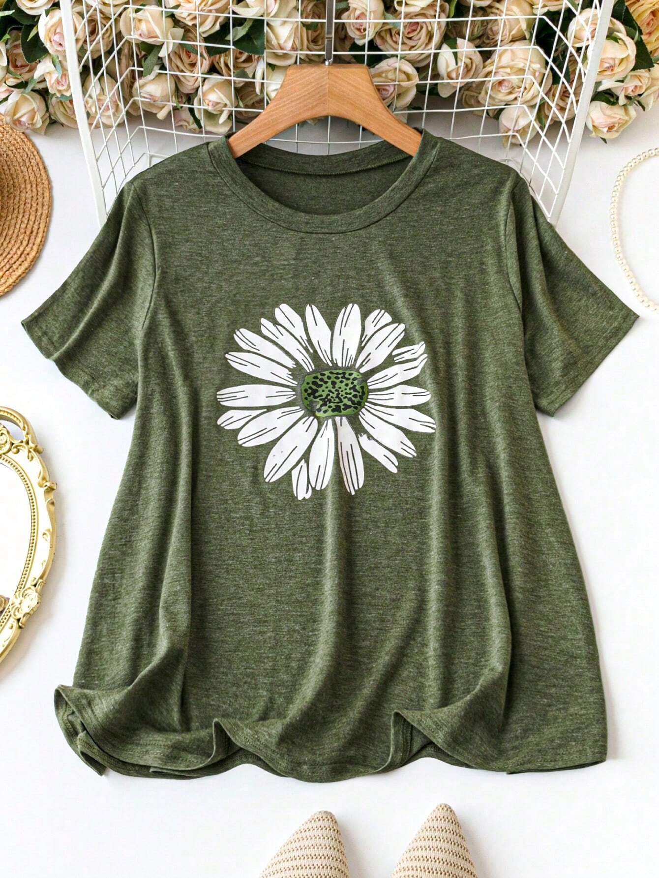 Plus Size Floral Print Short Sleeve T-Shirt Graphic Tees Women Tops