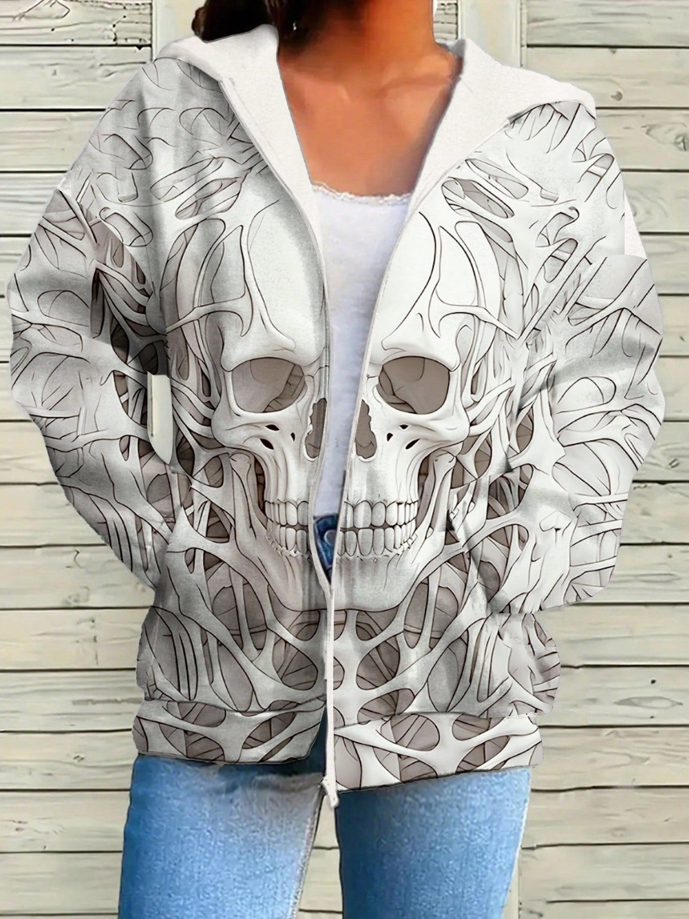 Plus Size Women Casual Skull Print Hooded Jacket, Summer